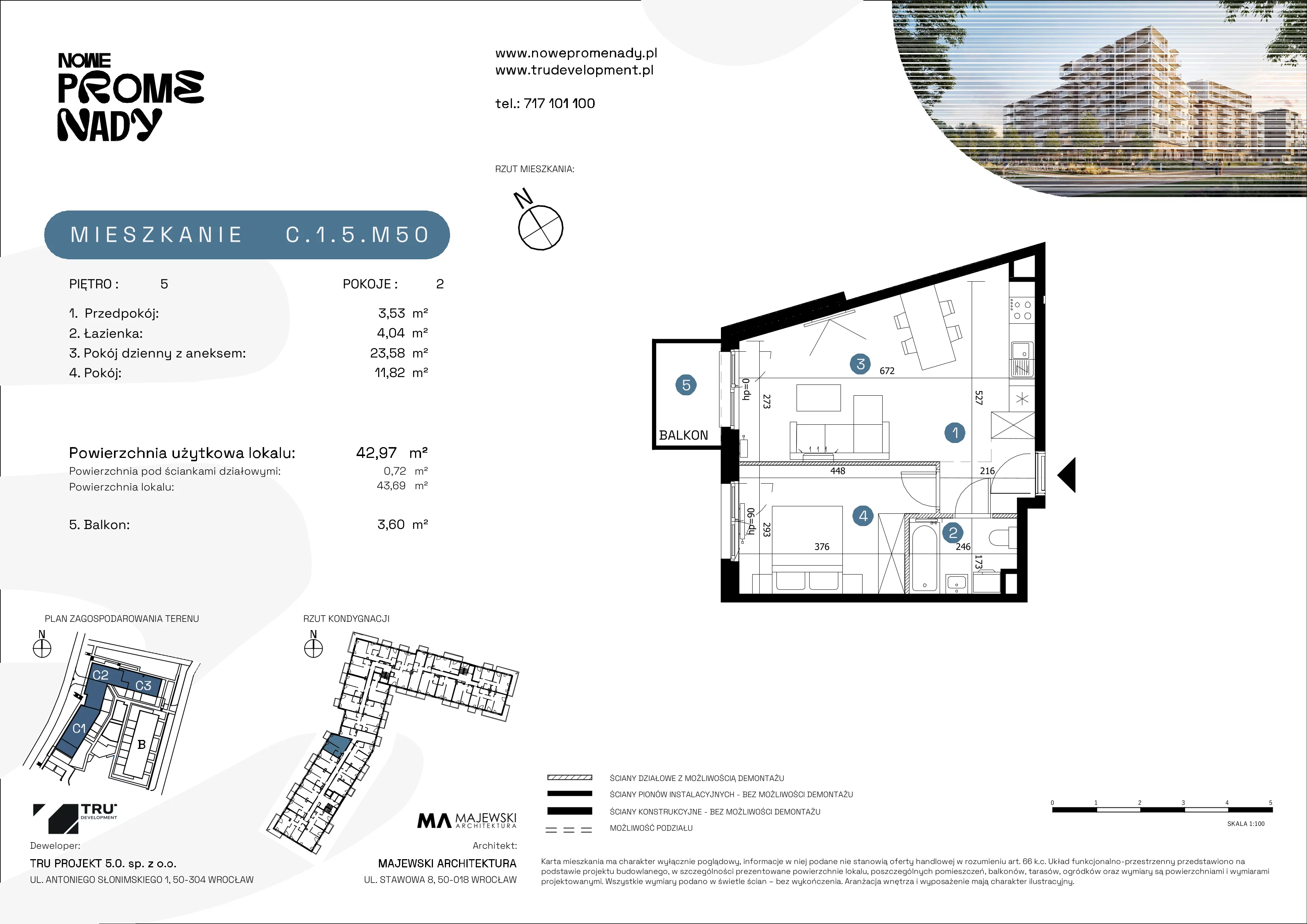 2 pokoje, mieszkanie 42,97 m², piętro 5, oferta nr C.1.5.M50, Nowe Promenady 2, Wrocław, Kleczków, Psie Pole, ul. Czesława Miłosza/Jana Czochralskiego