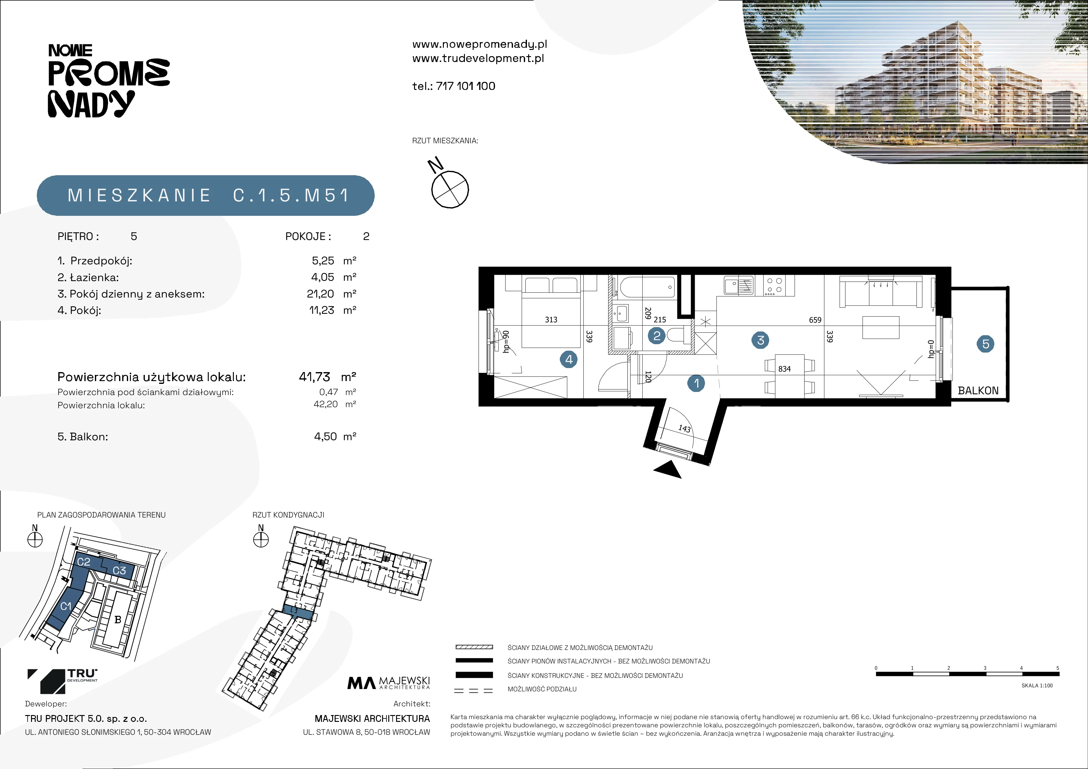 2 pokoje, mieszkanie 41,73 m², piętro 5, oferta nr C.1.5.M51, Nowe Promenady 2, Wrocław, Kleczków, Psie Pole, ul. Czesława Miłosza/Jana Czochralskiego