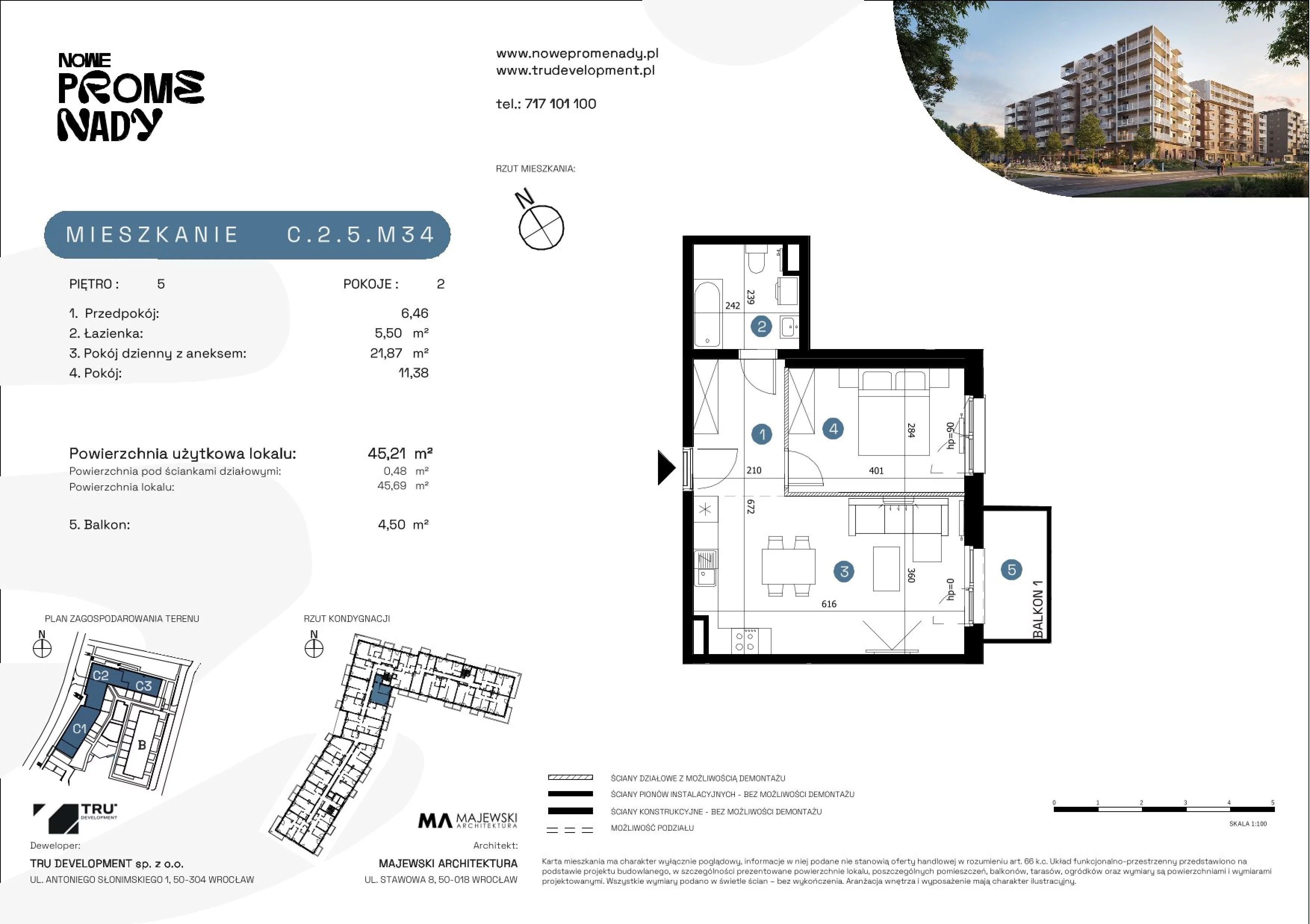 2 pokoje, mieszkanie 45,21 m², piętro 5, oferta nr C.2.5.M34, Nowe Promenady 2, Wrocław, Kleczków, Psie Pole, ul. Czesława Miłosza/Jana Czochralskiego
