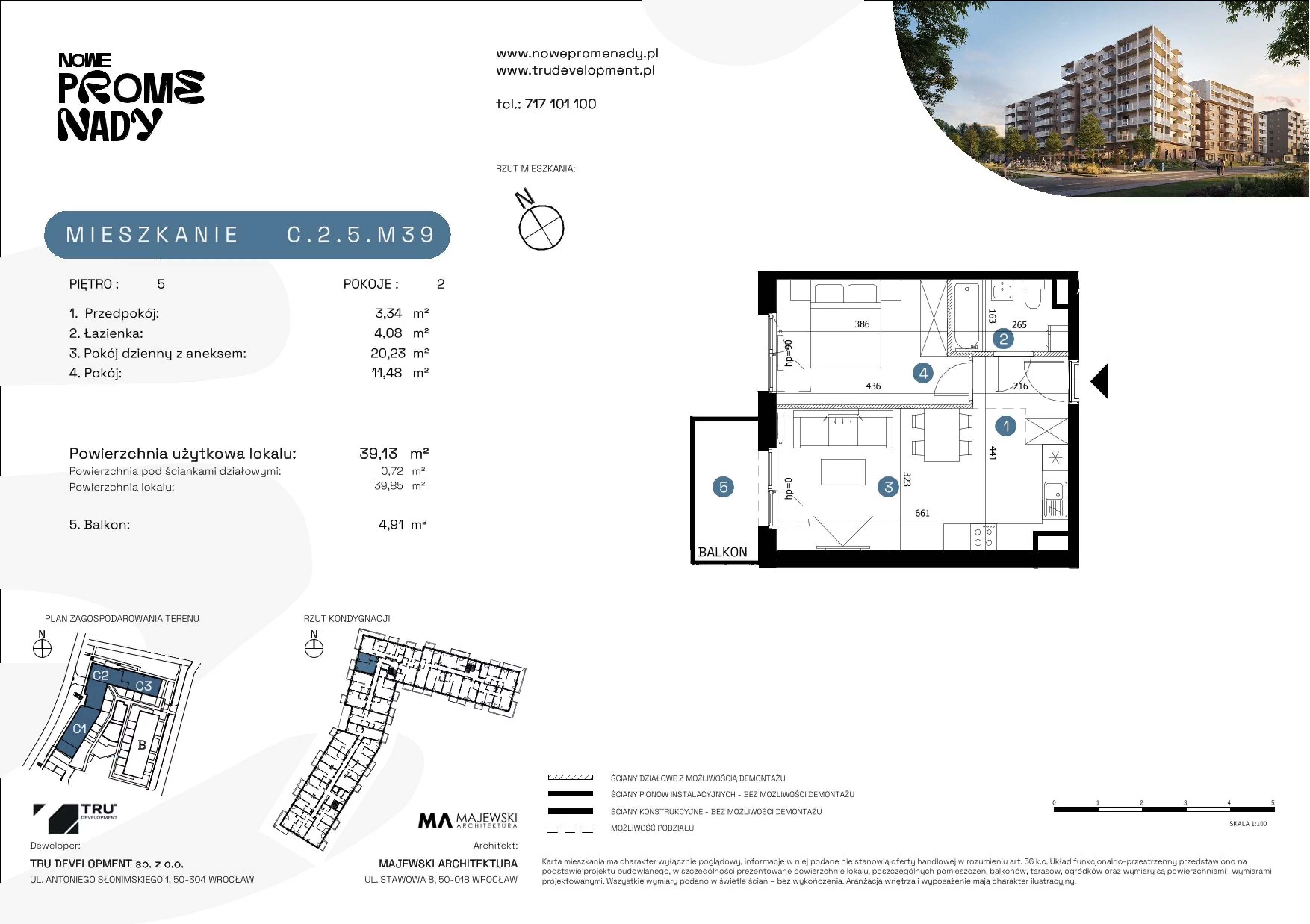 2 pokoje, mieszkanie 39,13 m², piętro 5, oferta nr C.2.5.M39, Nowe Promenady 2, Wrocław, Kleczków, Psie Pole, ul. Czesława Miłosza/Jana Czochralskiego