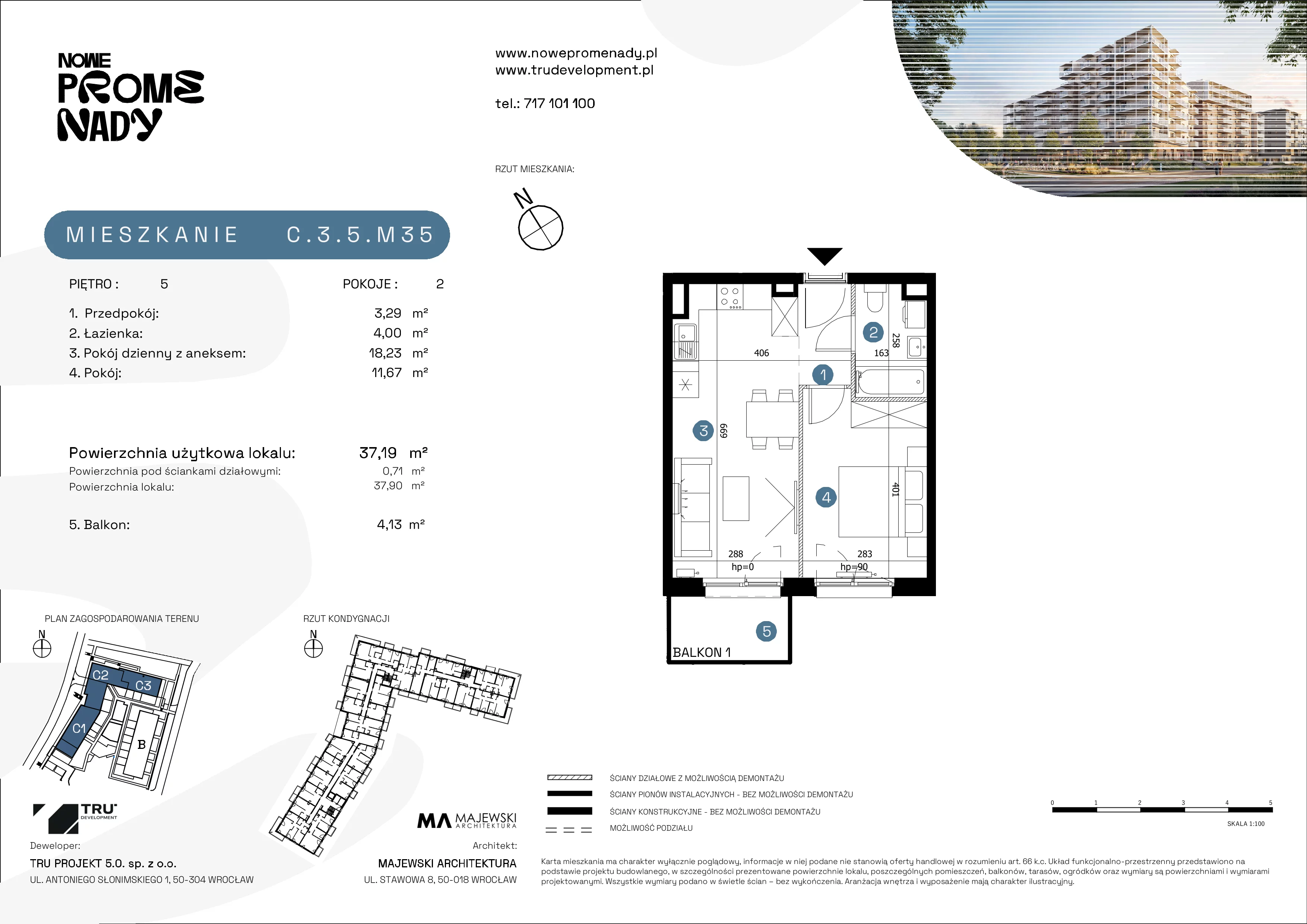 2 pokoje, mieszkanie 37,19 m², piętro 5, oferta nr C.3.5.M35, Nowe Promenady 2, Wrocław, Kleczków, Psie Pole, ul. Czesława Miłosza/Jana Czochralskiego
