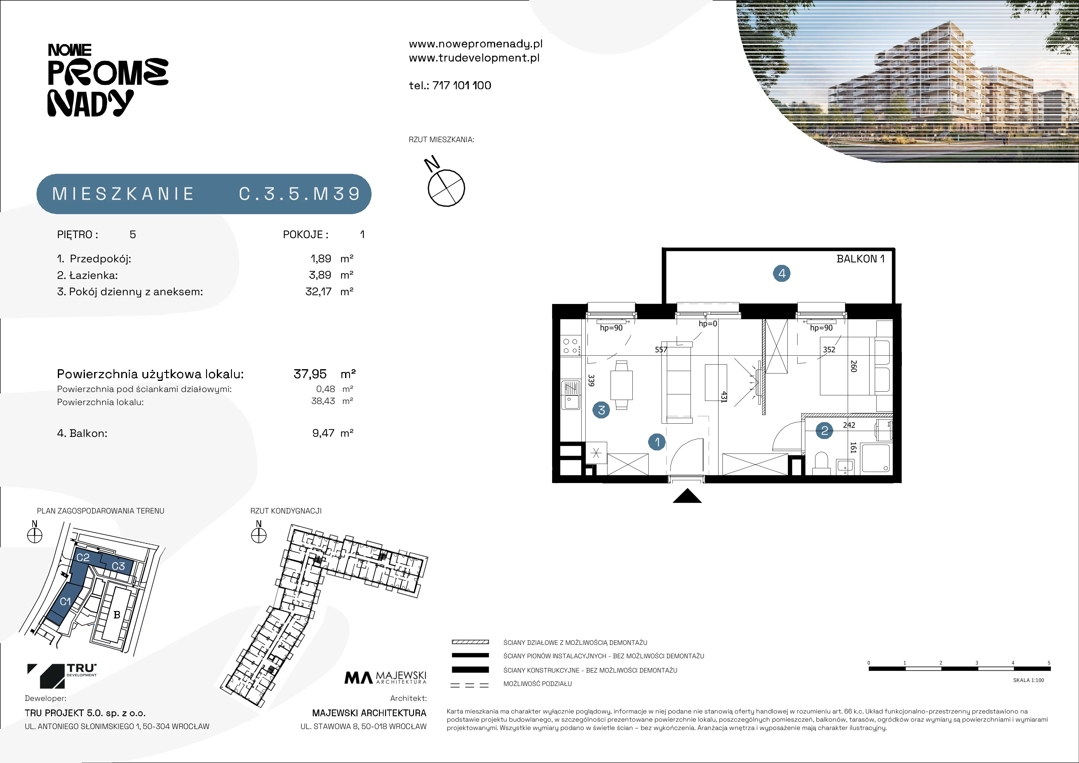 2 pokoje, apartament 40,31 m², piętro 5, oferta nr C.3.5.M36, Nowe Promenady 2, Wrocław, Kleczków, Psie Pole, ul. Czesława Miłosza/Jana Czochralskiego