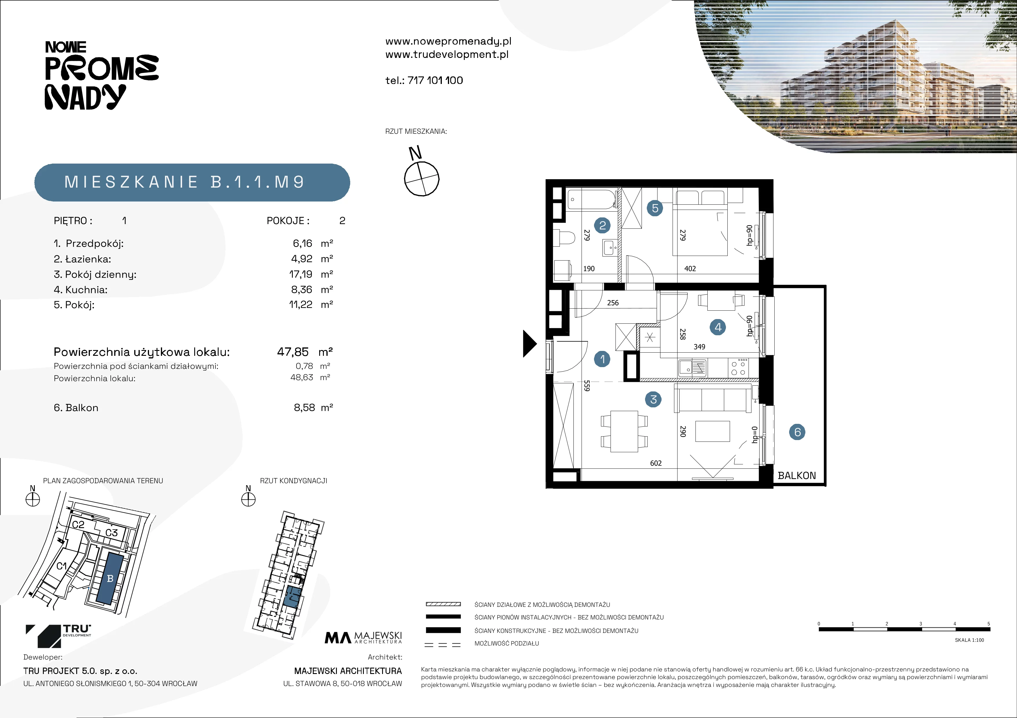 2 pokoje, apartament 47,85 m², piętro 1, oferta nr B.1.1.M9, Nowe Promenady 2, Wrocław, Kleczków, Psie Pole, ul. Czesława Miłosza/Jana Czochralskiego