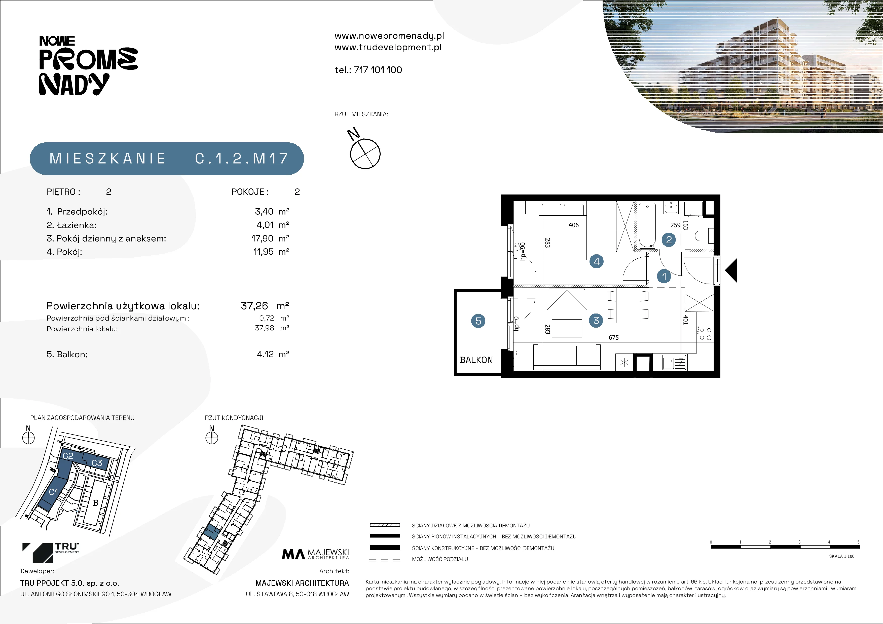 2 pokoje, apartament 37,26 m², piętro 2, oferta nr C.1.2.M17, Nowe Promenady 2, Wrocław, Kleczków, Psie Pole, ul. Czesława Miłosza/Jana Czochralskiego