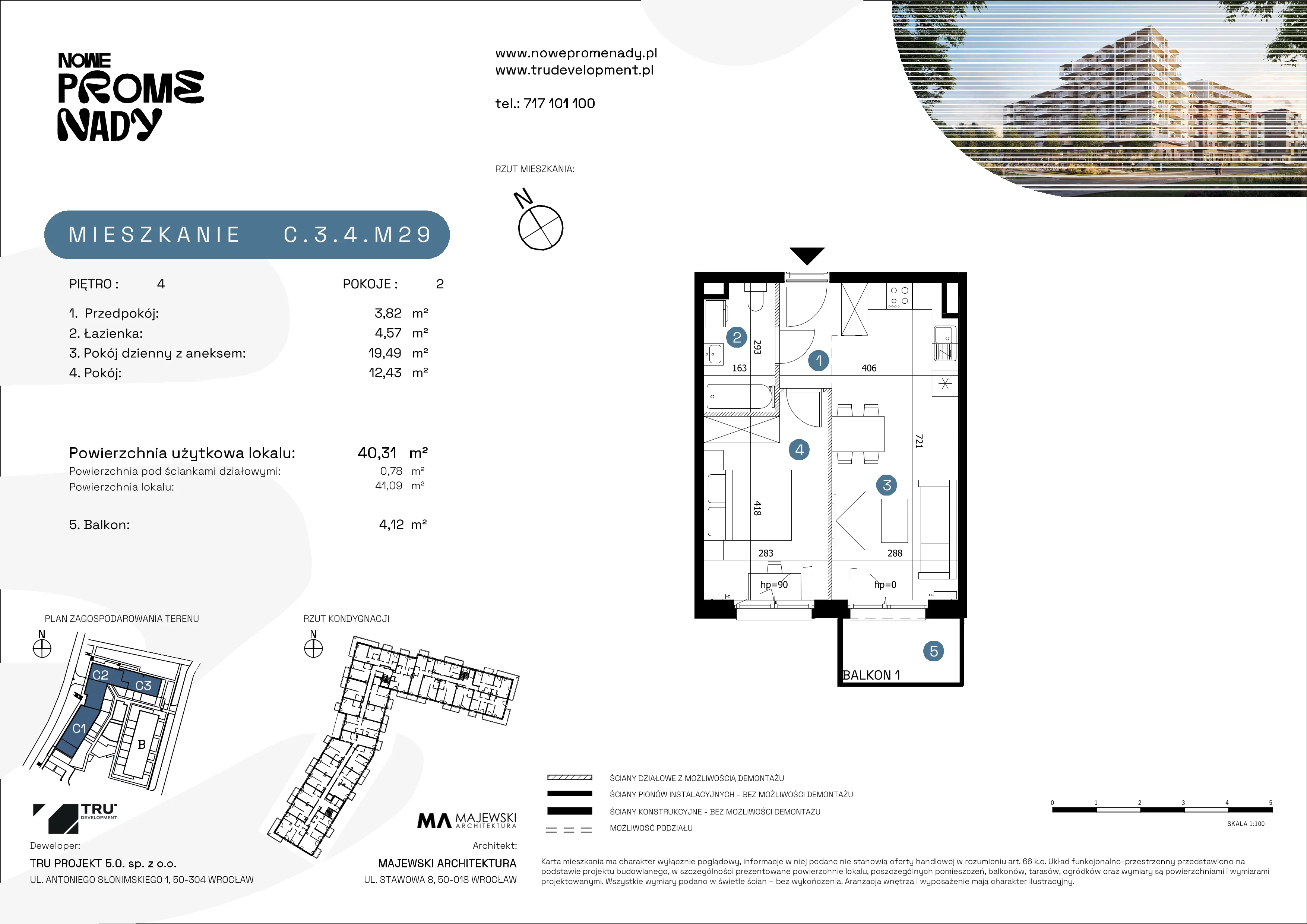 2 pokoje, apartament 40,31 m², piętro 4, oferta nr C.3.4.M29, Nowe Promenady 2, Wrocław, Kleczków, Psie Pole, ul. Czesława Miłosza/Jana Czochralskiego