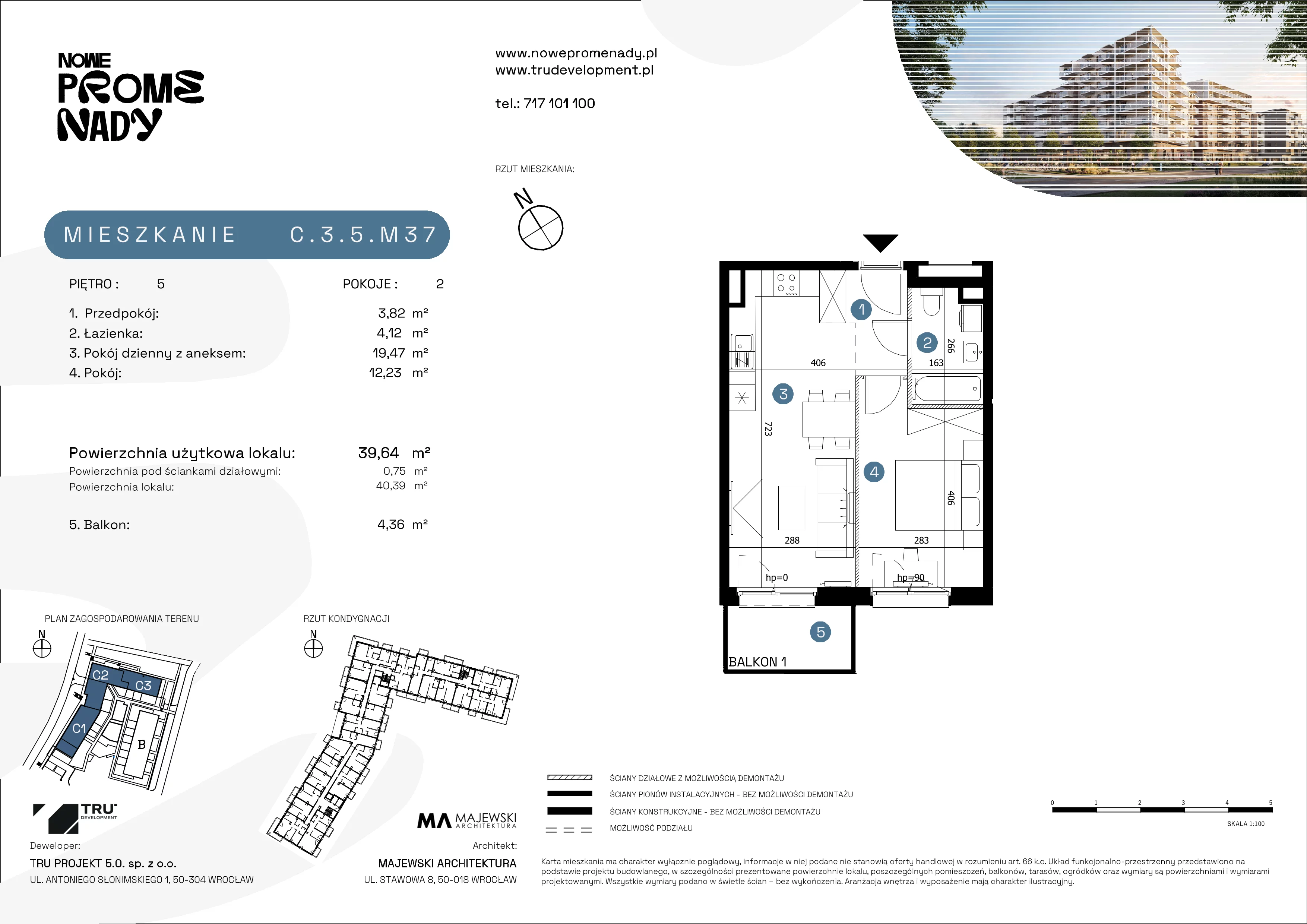 abc 2 pokoje, apartament 39,64 m², piętro 5, oferta nr C.3.5.M37, Nowe Promenady 2, Wrocław, Kleczków, Psie Pole, ul. Czesława Miłosza/Jana Czochralskiego