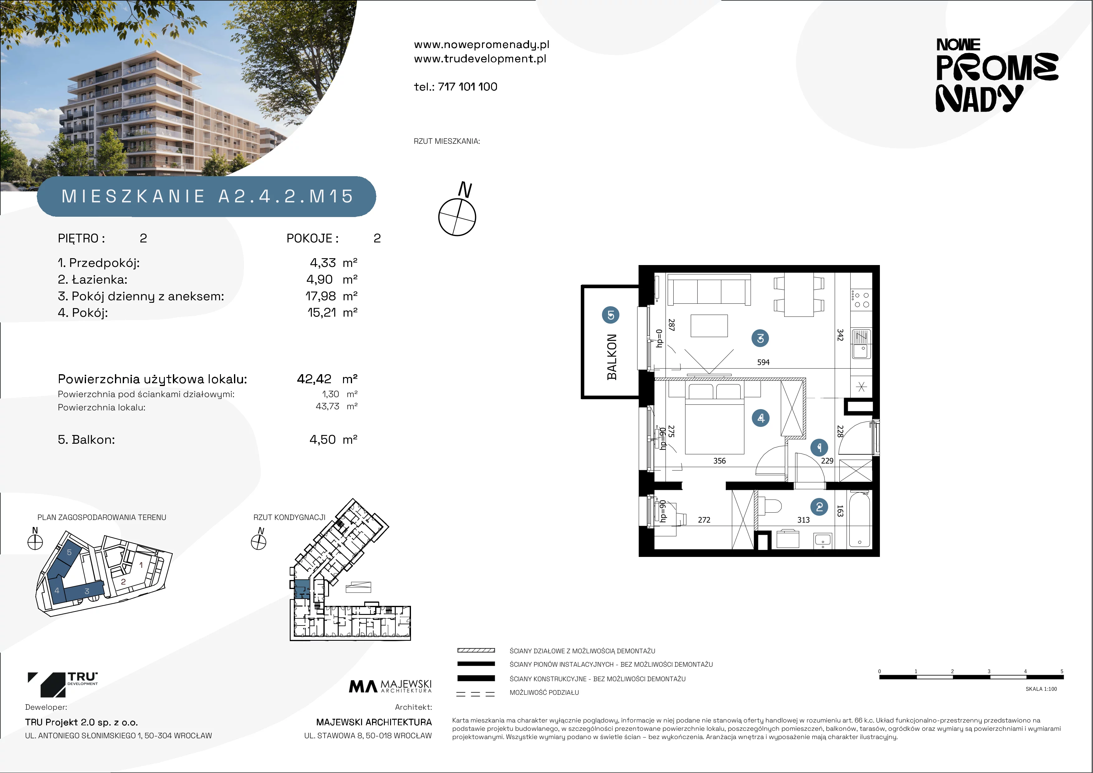 2 pokoje, apartament 42,47 m², piętro 2, oferta nr A2.4.2.M15, Nowe Promenady, Wrocław, Kleczków, Psie Pole, ul. Czesława Miłosza