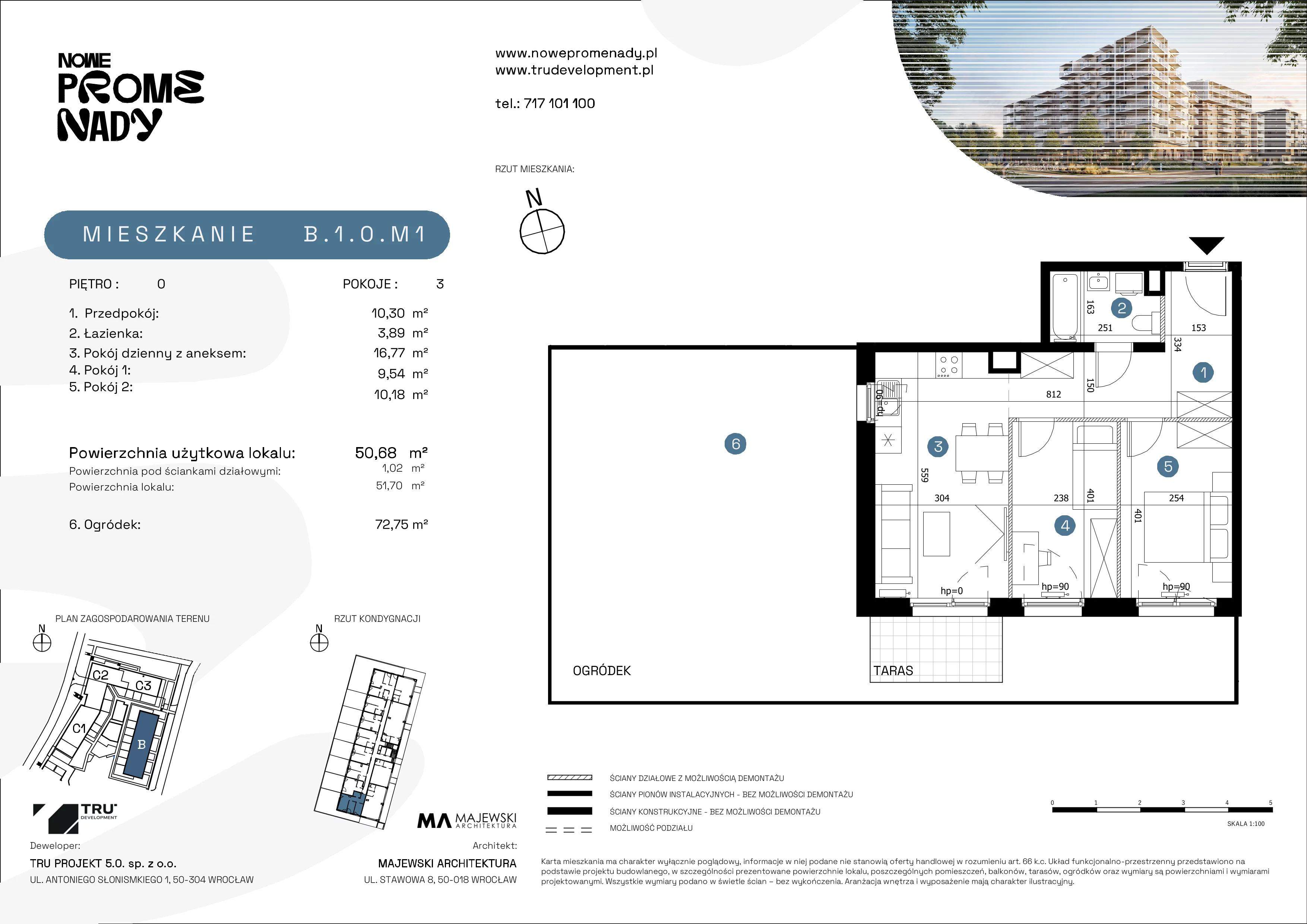 3 pokoje, apartament 50,68 m², parter, oferta nr B.1.0.M1, Nowe Promenady 2, Wrocław, Kleczków, Psie Pole, ul. Czesława Miłosza/Jana Czochralskiego