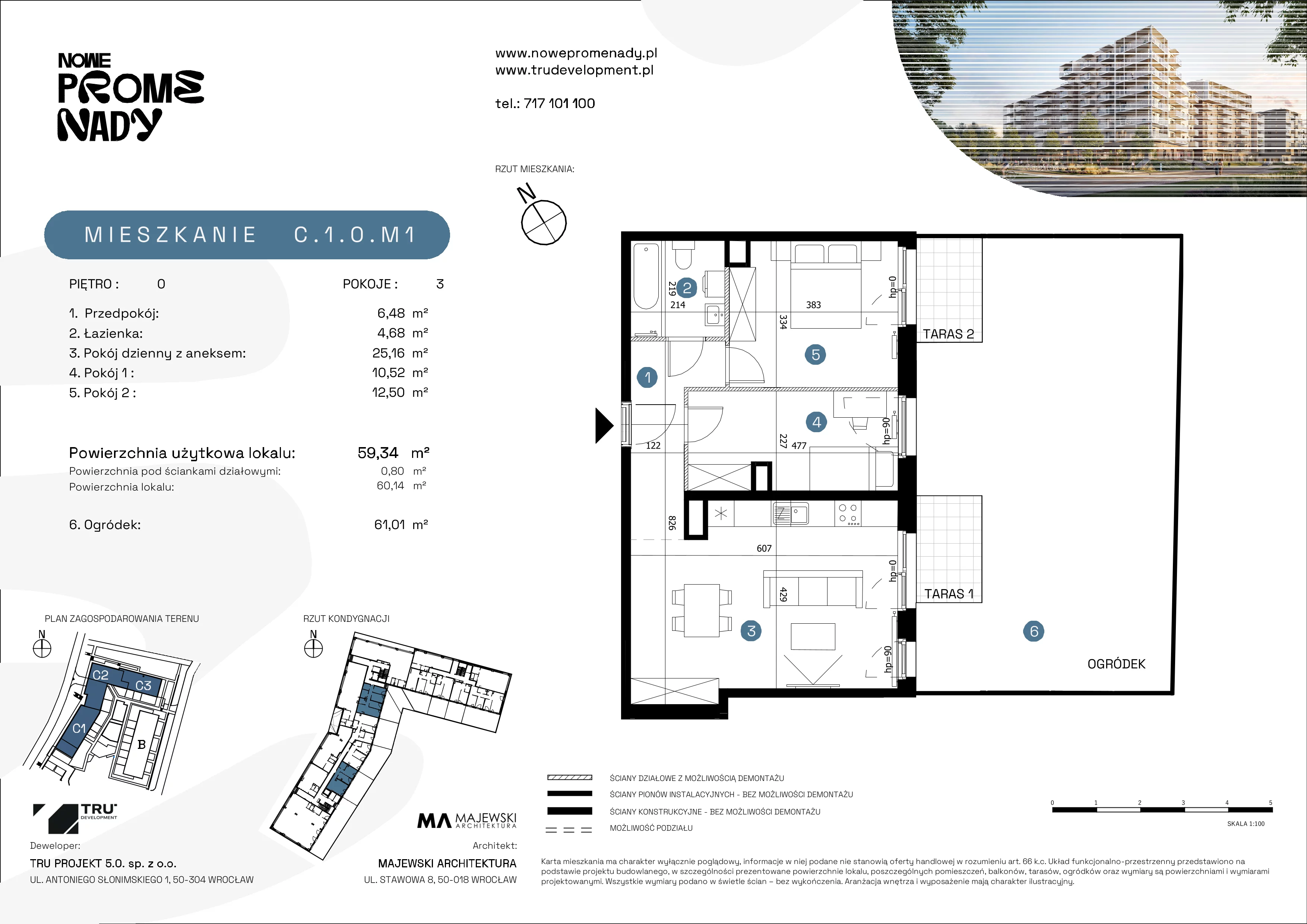 3 pokoje, apartament 59,34 m², parter, oferta nr C.1.0.M1, Nowe Promenady 2, Wrocław, Kleczków, Psie Pole, ul. Czesława Miłosza/Jana Czochralskiego