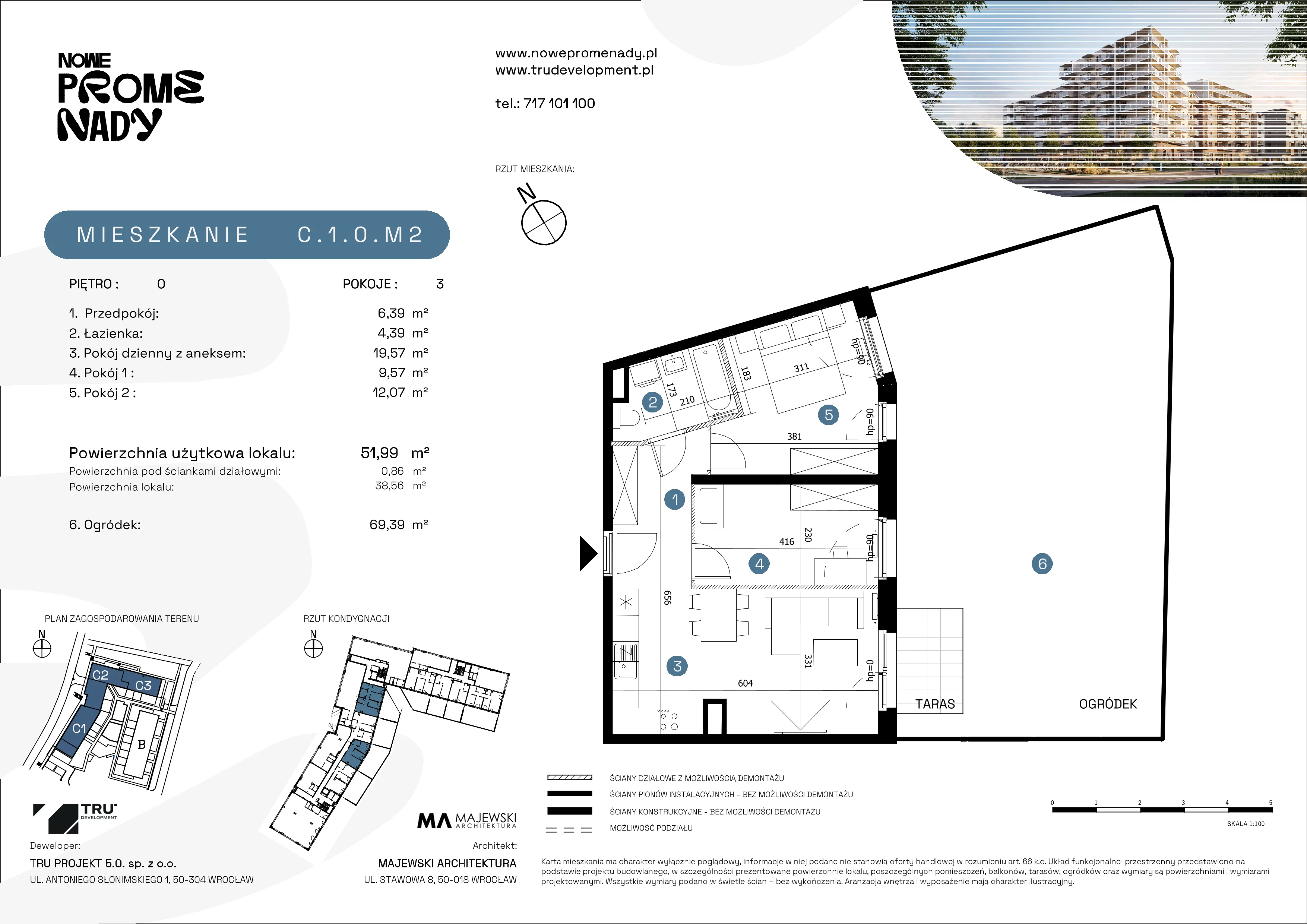 3 pokoje, apartament 51,99 m², parter, oferta nr C.1.0.M2, Nowe Promenady 2, Wrocław, Kleczków, Psie Pole, ul. Czesława Miłosza/Jana Czochralskiego