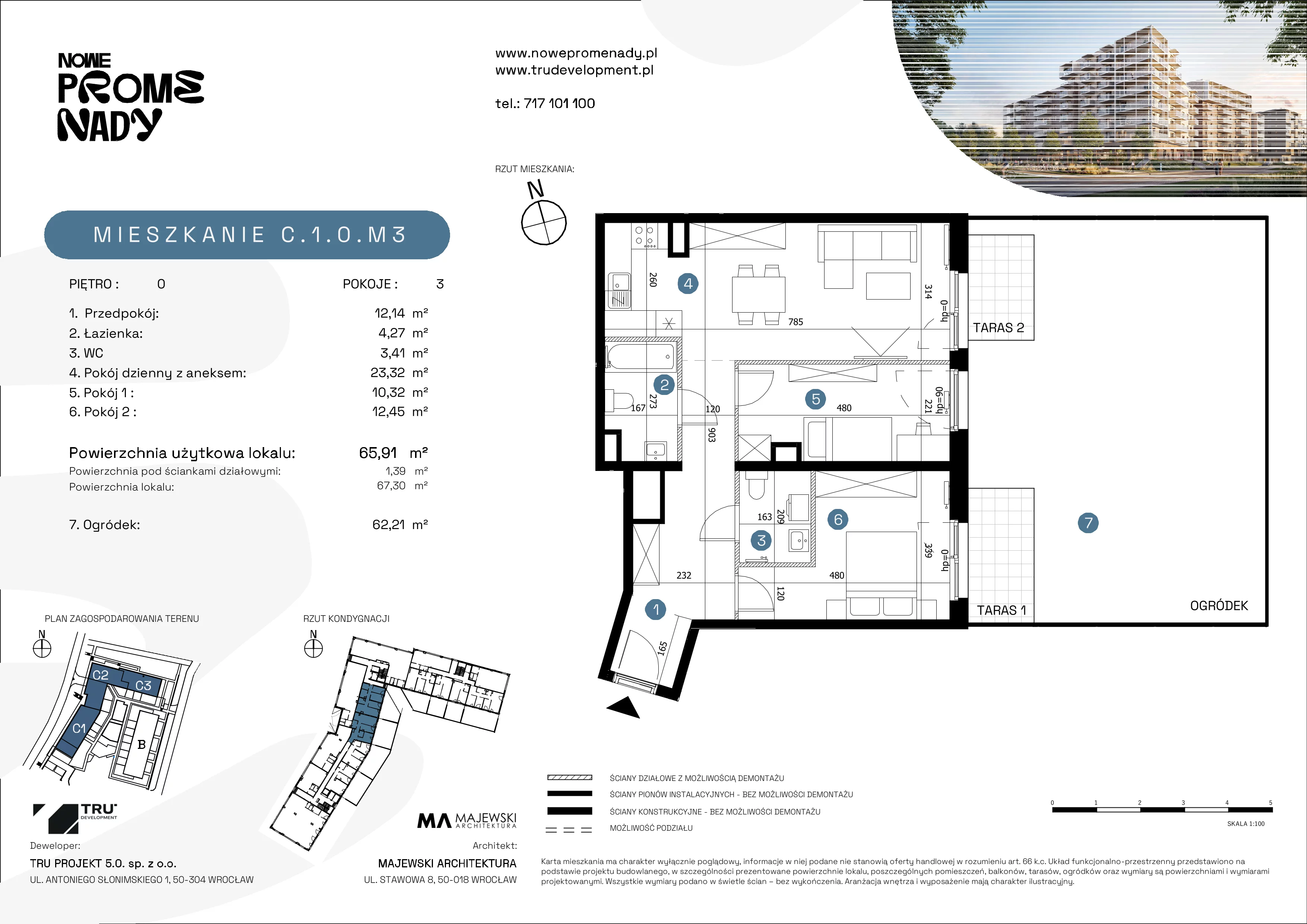 3 pokoje, apartament 65,91 m², parter, oferta nr C.1.0.M3, Nowe Promenady 2, Wrocław, Kleczków, Psie Pole, ul. Czesława Miłosza/Jana Czochralskiego