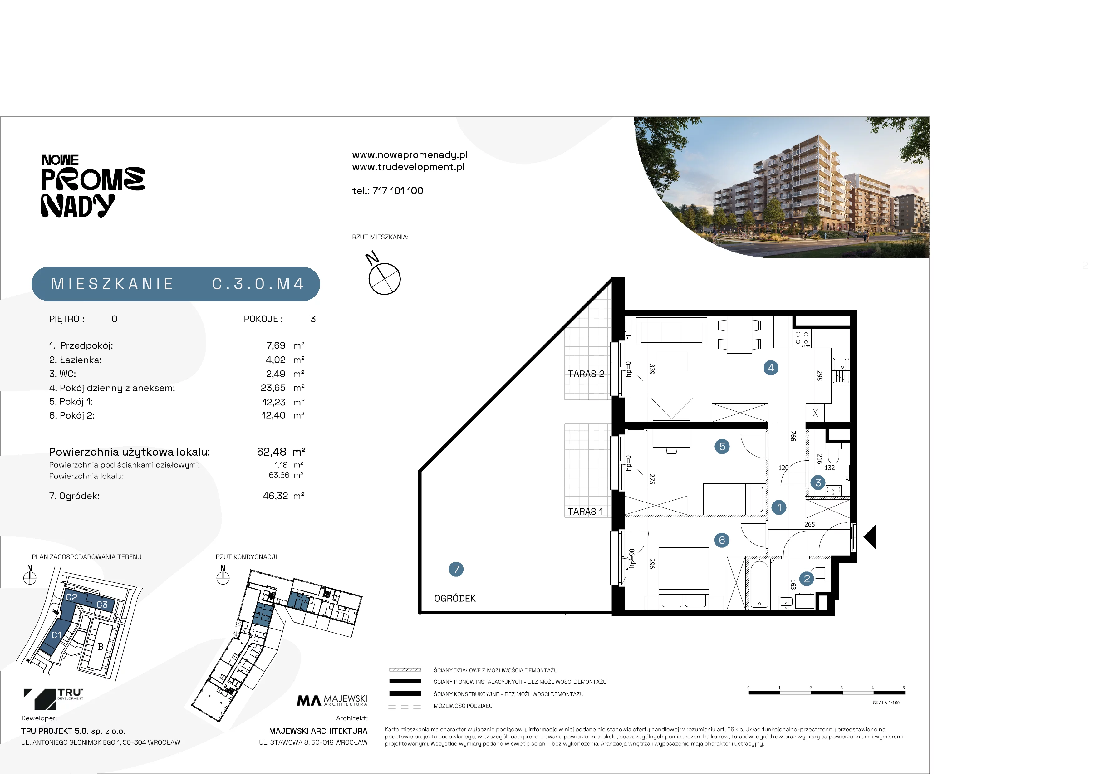 3 pokoje, apartament 62,79 m², parter, oferta nr C.3.0.M4, Nowe Promenady 2, Wrocław, Kleczków, Psie Pole, ul. Czesława Miłosza/Jana Czochralskiego