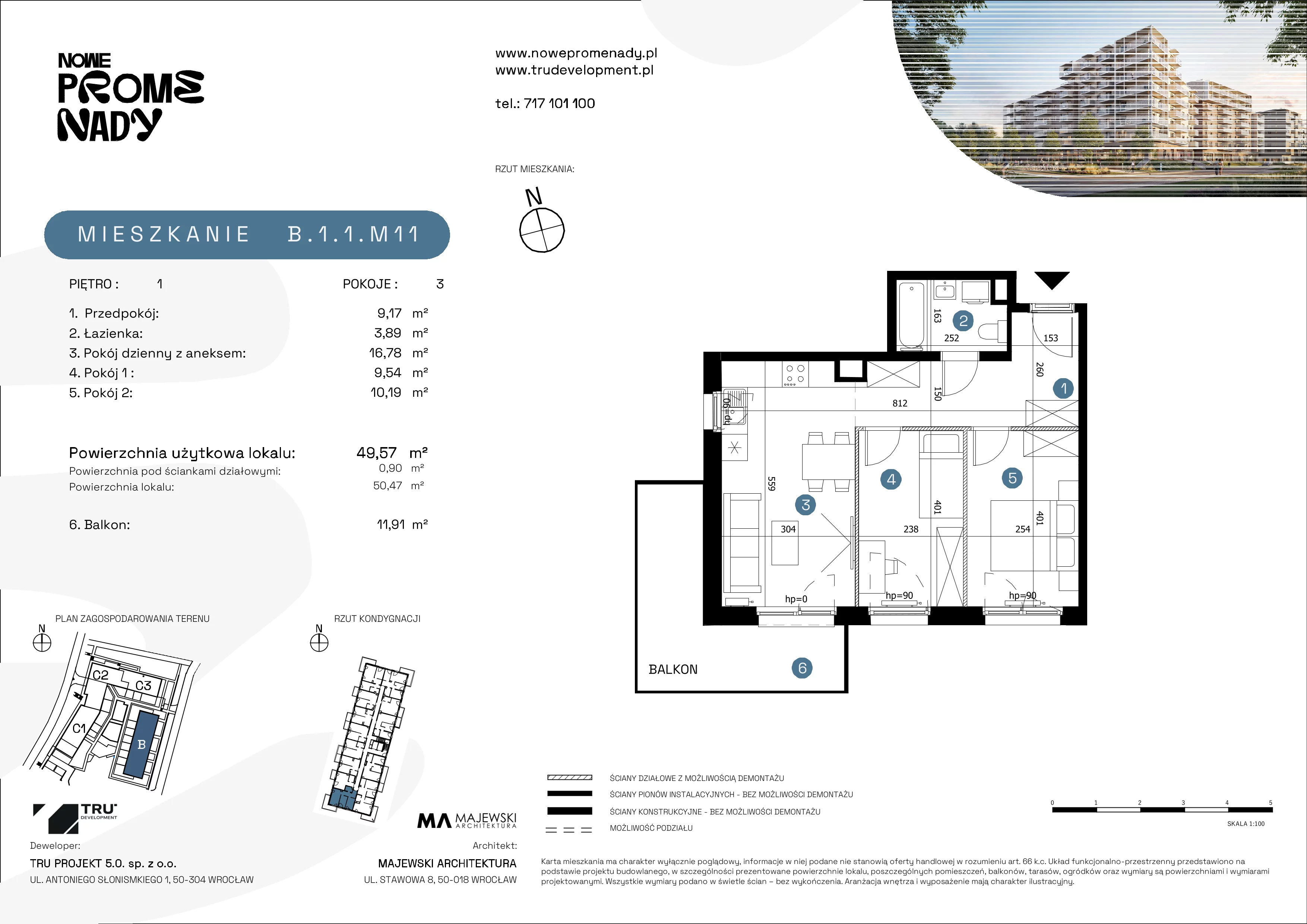 3 pokoje, mieszkanie 49,57 m², piętro 1, oferta nr B.1.1.M11, Nowe Promenady 2, Wrocław, Kleczków, Psie Pole, ul. Czesława Miłosza/Jana Czochralskiego