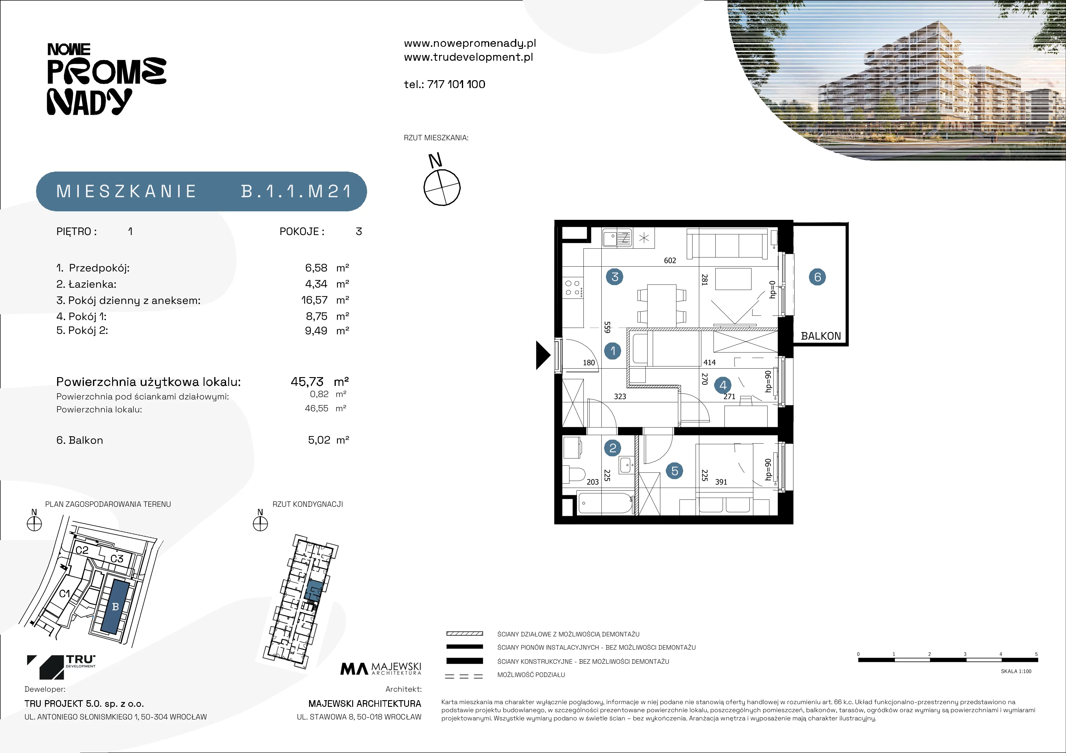 3 pokoje, apartament 45,73 m², piętro 1, oferta nr B.1.1.M21, Nowe Promenady 2, Wrocław, Kleczków, Psie Pole, ul. Czesława Miłosza/Jana Czochralskiego