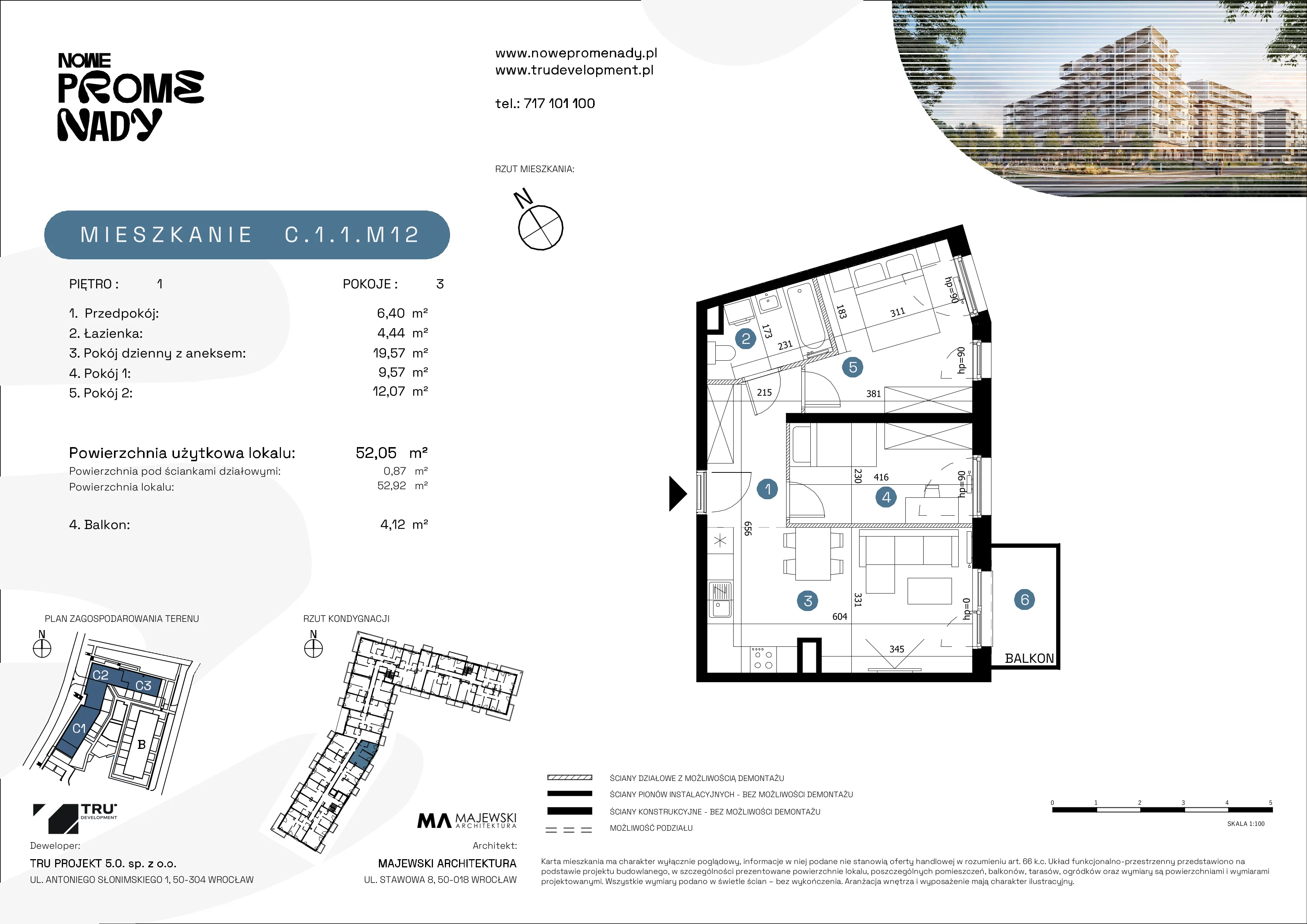 3 pokoje, mieszkanie 52,05 m², piętro 1, oferta nr C.1.1.M12, Nowe Promenady 2, Wrocław, Kleczków, Psie Pole, ul. Czesława Miłosza/Jana Czochralskiego