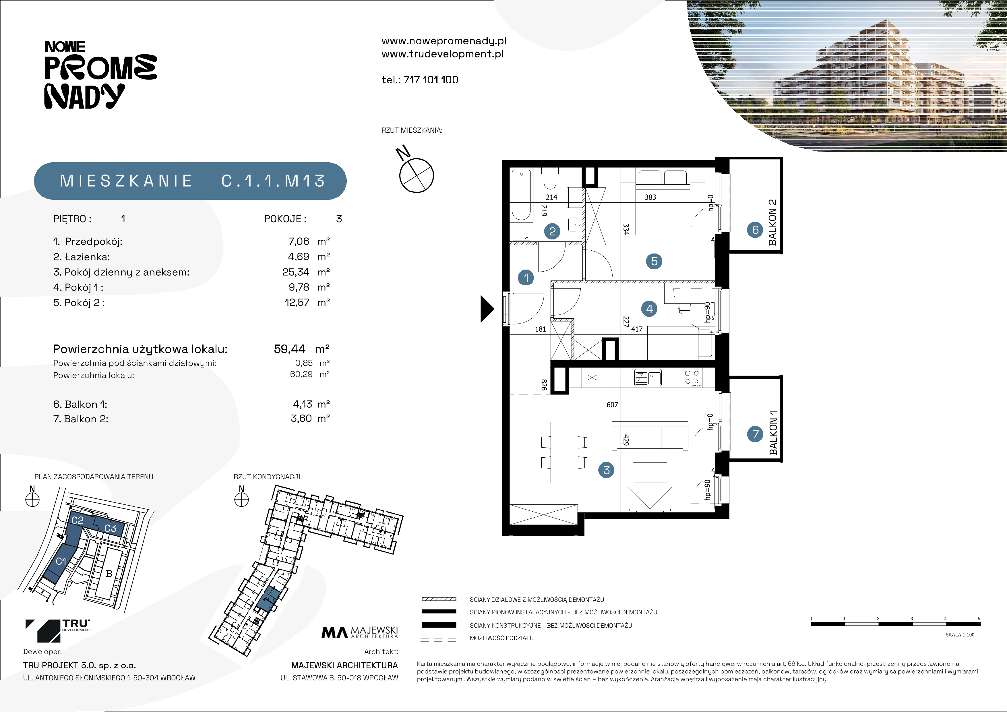 3 pokoje, mieszkanie 59,44 m², piętro 1, oferta nr C.1.1.M13, Nowe Promenady 2, Wrocław, Kleczków, Psie Pole, ul. Czesława Miłosza/Jana Czochralskiego