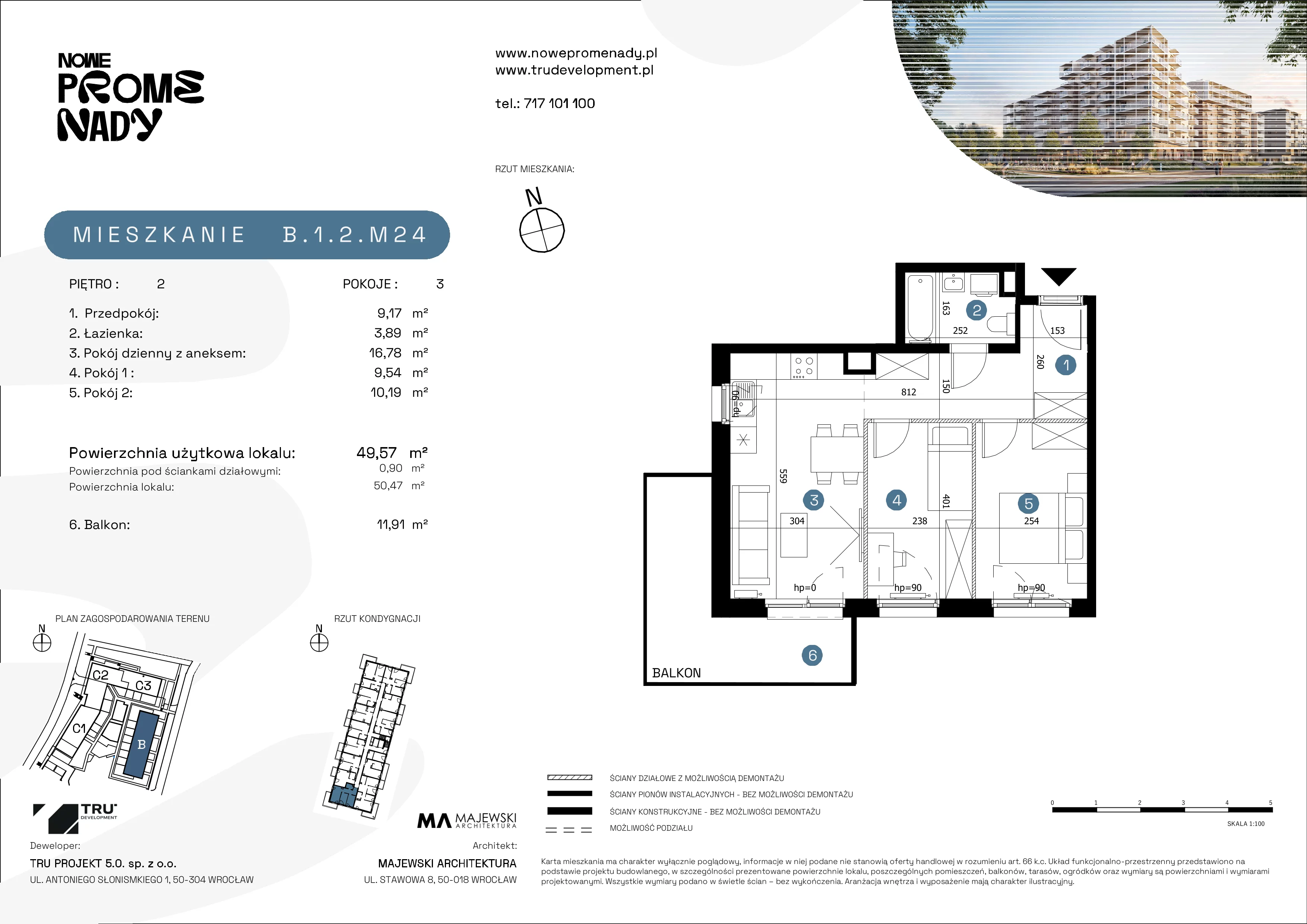 3 pokoje, mieszkanie 49,57 m², piętro 2, oferta nr B.1.2.M24, Nowe Promenady 2, Wrocław, Kleczków, Psie Pole, ul. Czesława Miłosza/Jana Czochralskiego