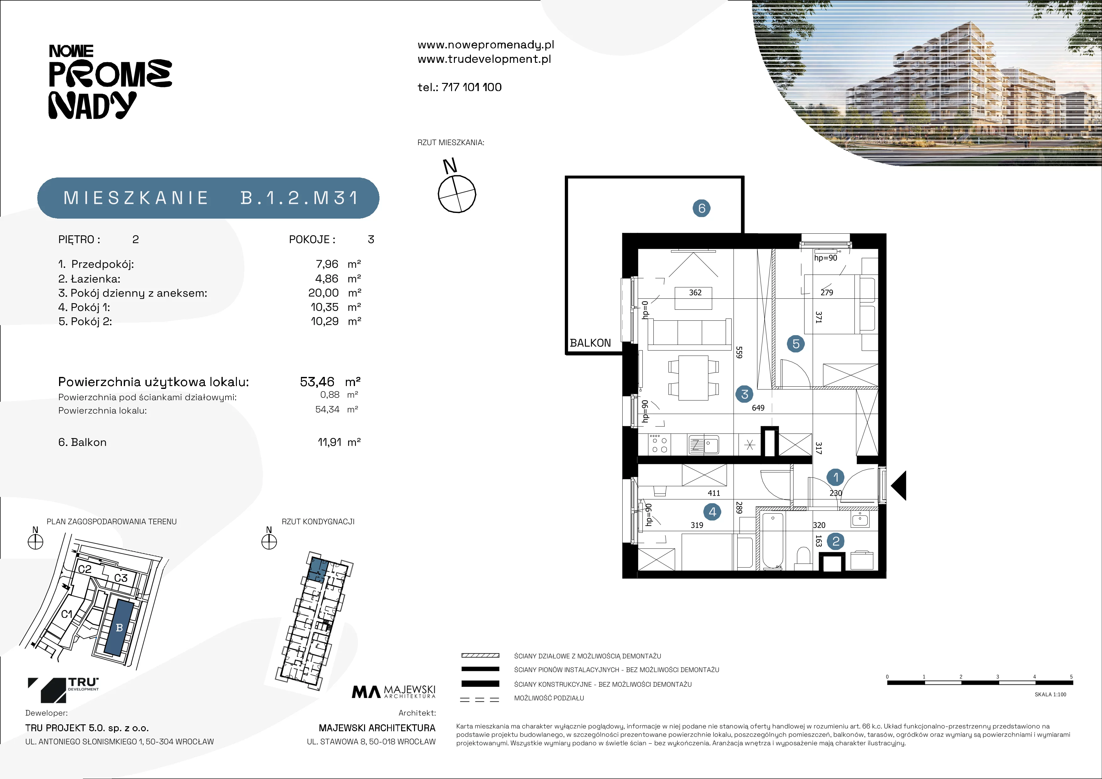 3 pokoje, mieszkanie 53,46 m², piętro 2, oferta nr B.1.2.M31, Nowe Promenady 2, Wrocław, Kleczków, Psie Pole, ul. Czesława Miłosza/Jana Czochralskiego