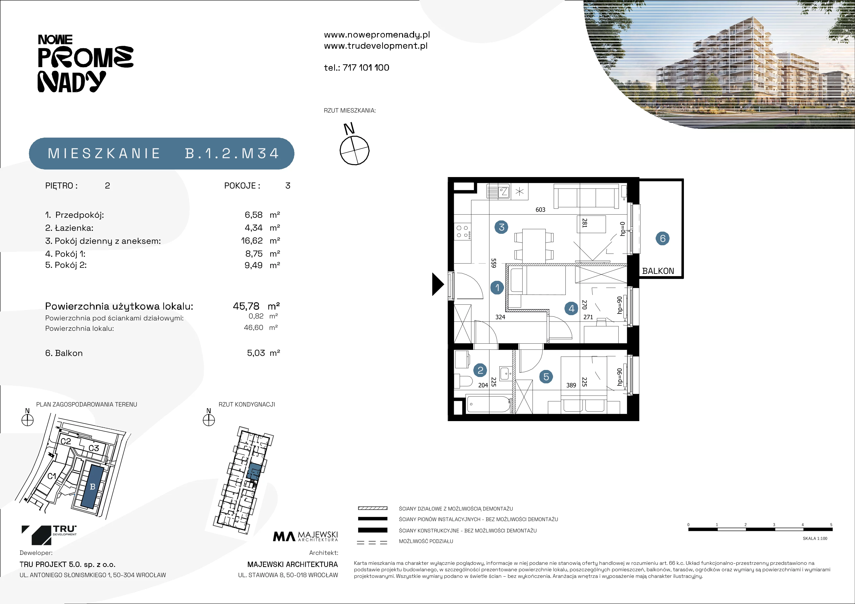 3 pokoje, mieszkanie 45,78 m², piętro 2, oferta nr B.1.2.M34, Nowe Promenady 2, Wrocław, Kleczków, Psie Pole, ul. Czesława Miłosza/Jana Czochralskiego