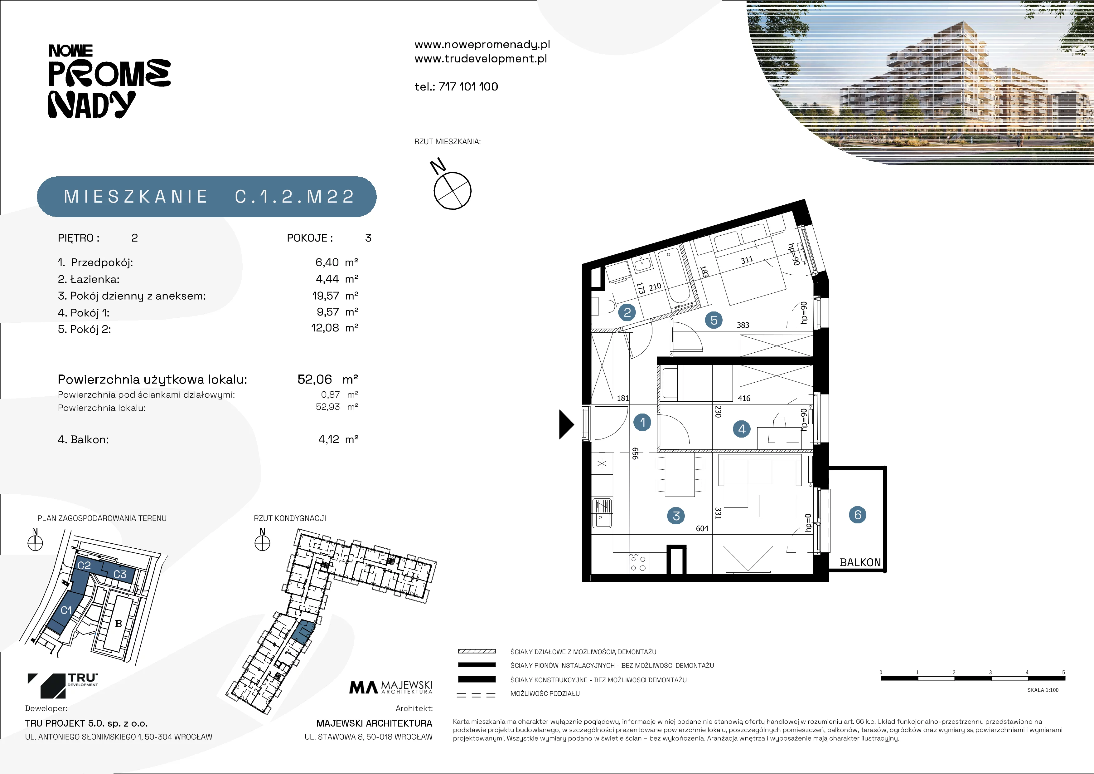 3 pokoje, mieszkanie 52,06 m², piętro 2, oferta nr C.1.2.M22, Nowe Promenady 2, Wrocław, Kleczków, Psie Pole, ul. Czesława Miłosza/Jana Czochralskiego