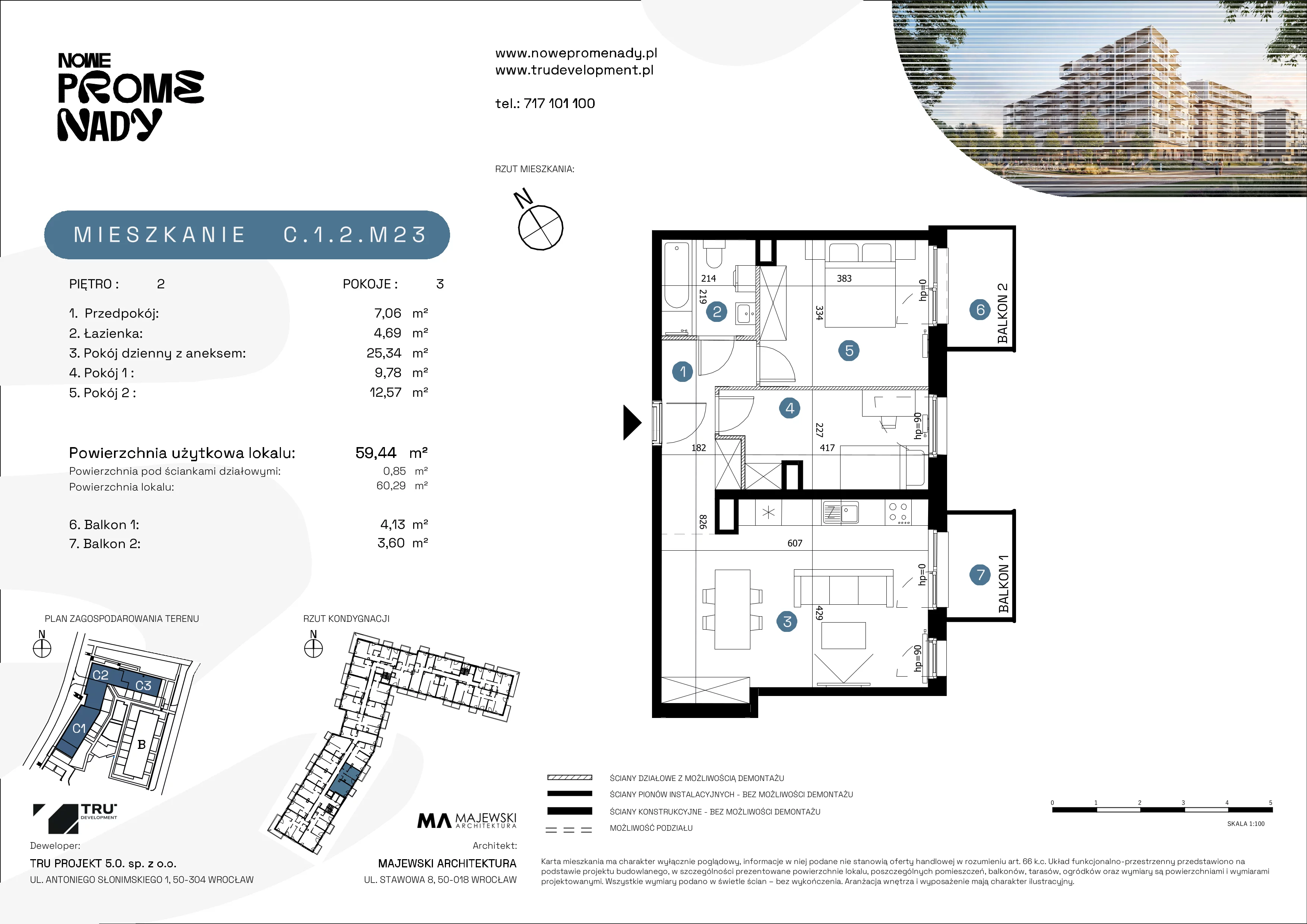 3 pokoje, mieszkanie 59,44 m², piętro 2, oferta nr C.1.2.M23, Nowe Promenady 2, Wrocław, Kleczków, Psie Pole, ul. Czesława Miłosza/Jana Czochralskiego