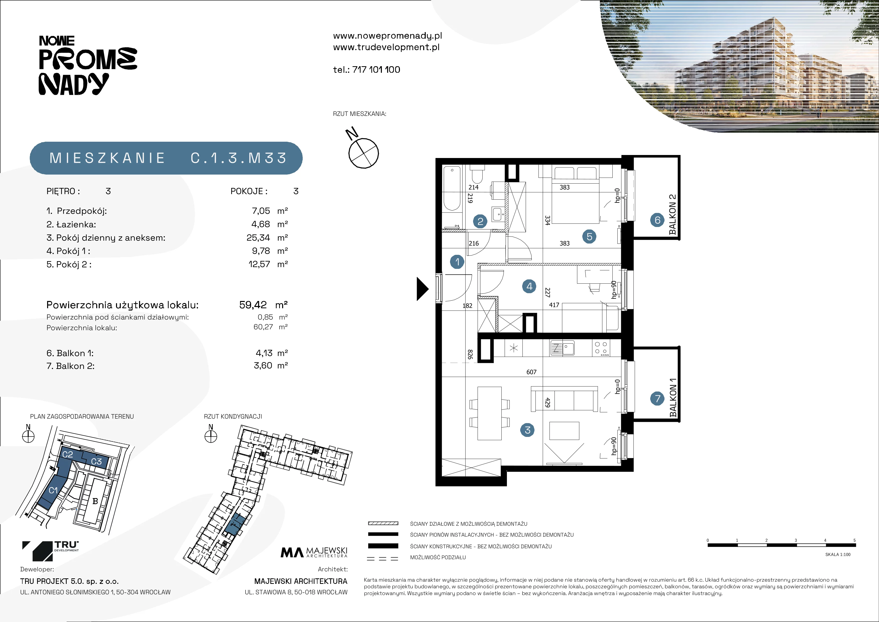3 pokoje, mieszkanie 59,42 m², piętro 3, oferta nr C.1.3.M33, Nowe Promenady 2, Wrocław, Kleczków, Psie Pole, ul. Czesława Miłosza/Jana Czochralskiego