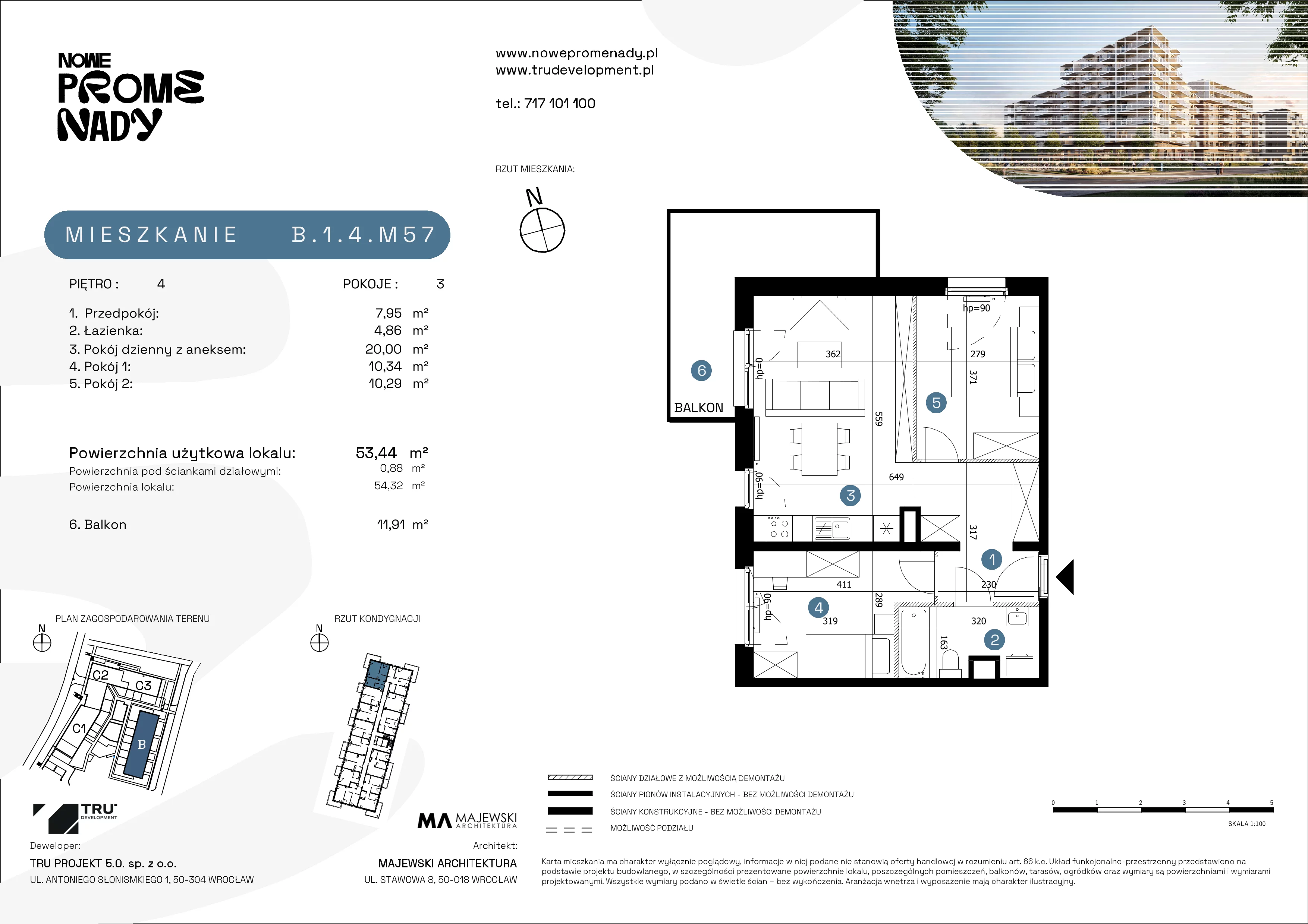 3 pokoje, mieszkanie 53,44 m², piętro 4, oferta nr B.1.4.M57, Nowe Promenady 2, Wrocław, Kleczków, Psie Pole, ul. Czesława Miłosza/Jana Czochralskiego