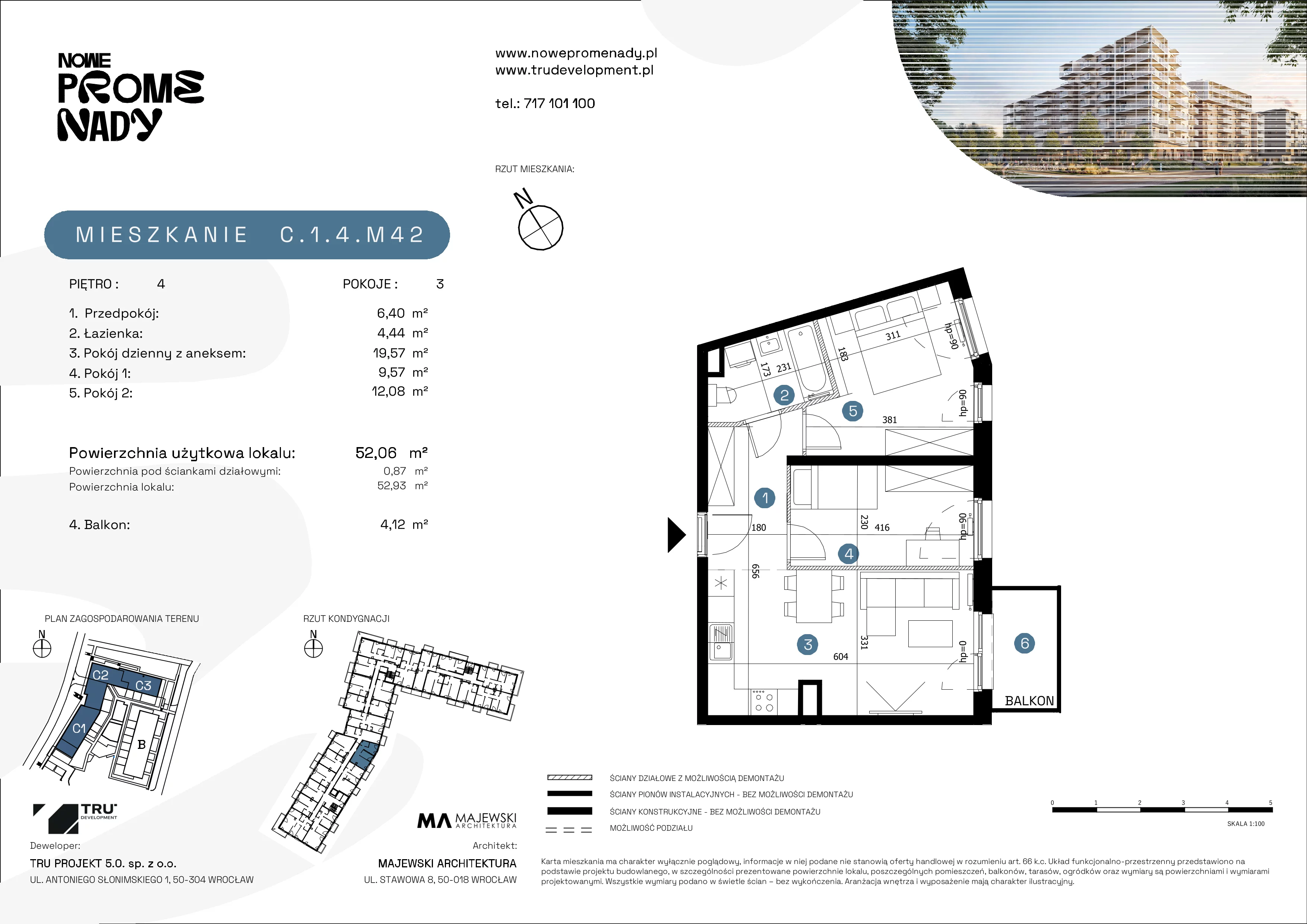 3 pokoje, mieszkanie 52,06 m², piętro 4, oferta nr C.1.4.M42, Nowe Promenady 2, Wrocław, Kleczków, Psie Pole, ul. Czesława Miłosza/Jana Czochralskiego