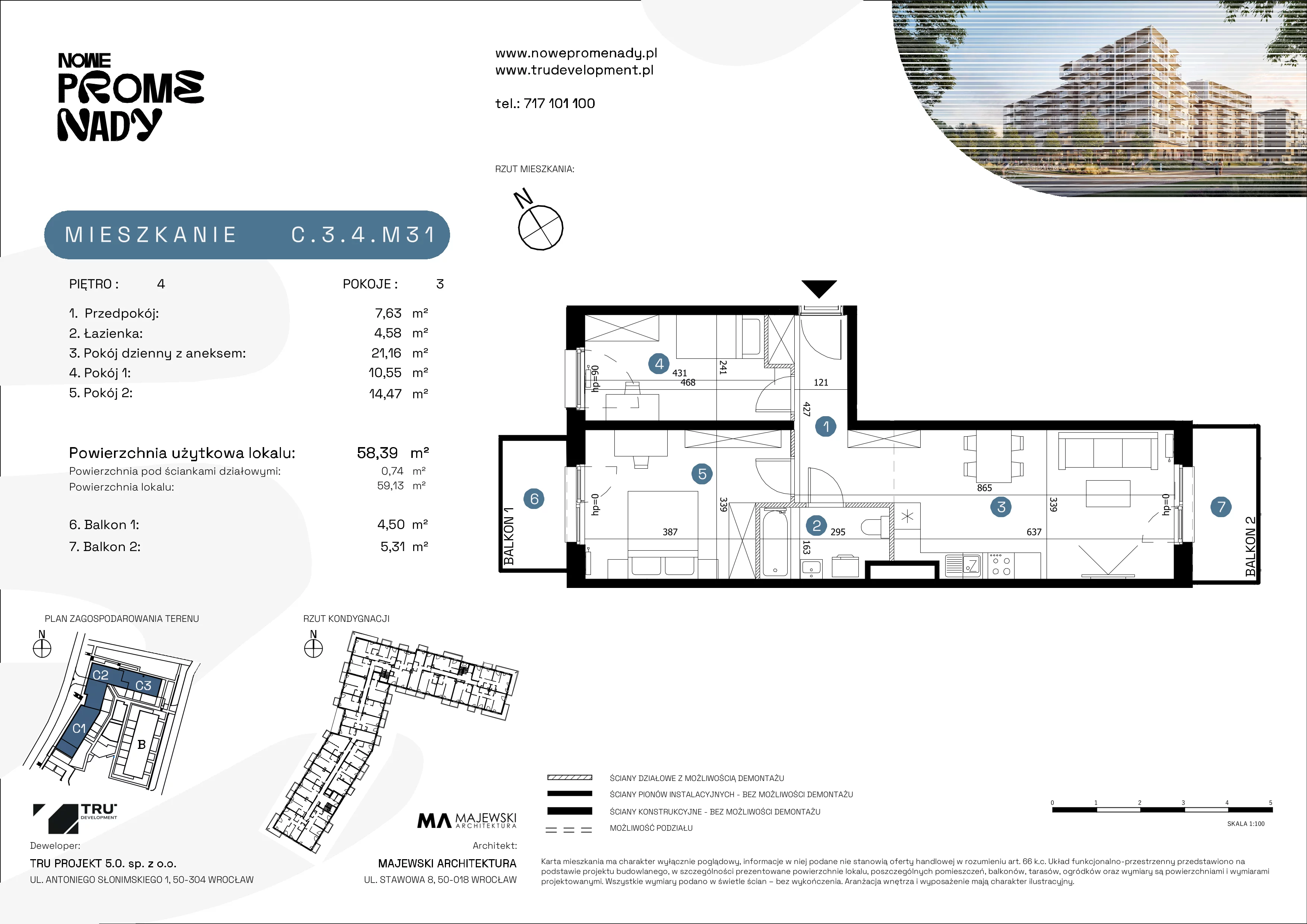 3 pokoje, mieszkanie 58,39 m², piętro 4, oferta nr C.3.4.M31, Nowe Promenady 2, Wrocław, Kleczków, Psie Pole, ul. Czesława Miłosza/Jana Czochralskiego
