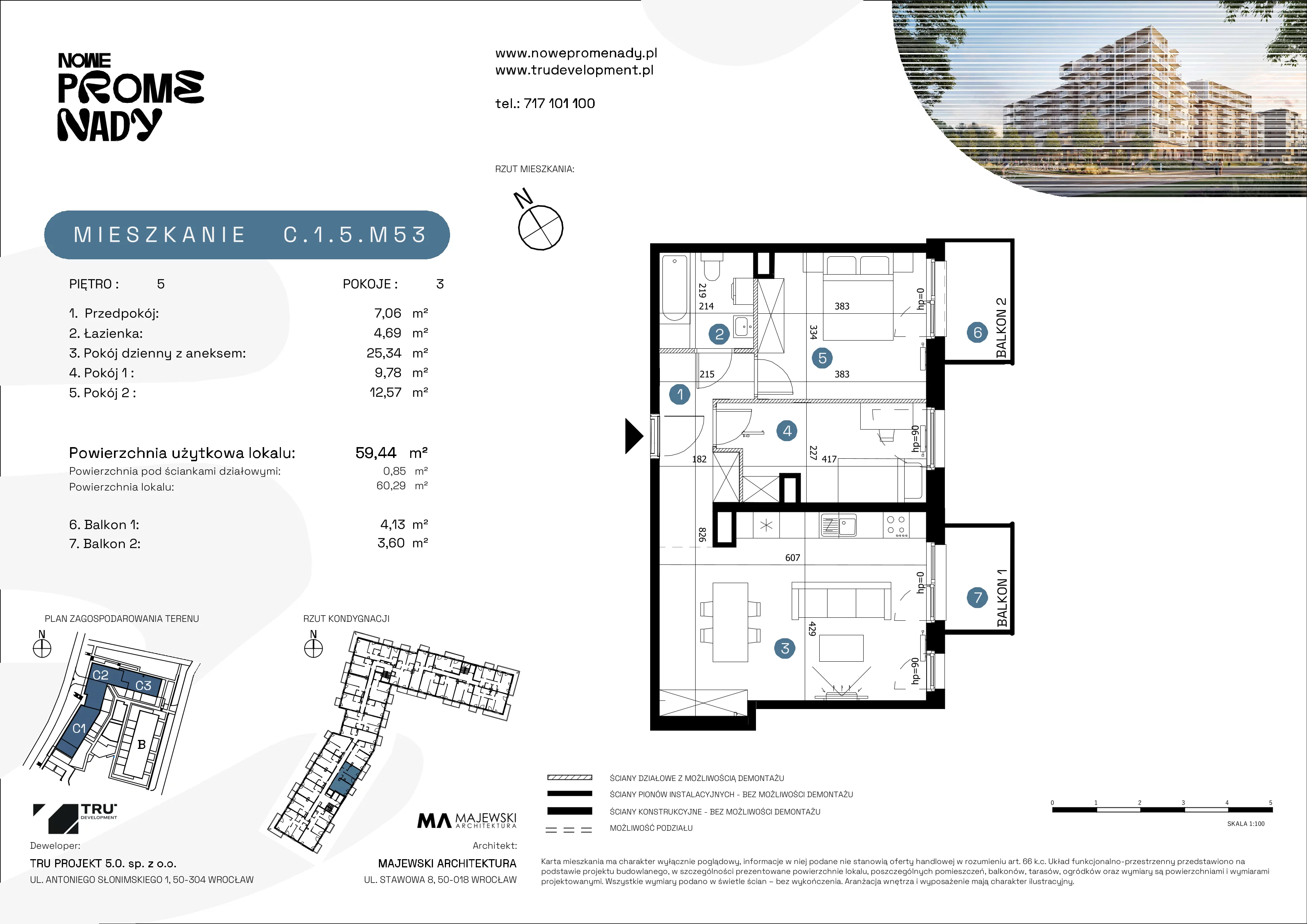 3 pokoje, mieszkanie 59,44 m², piętro 5, oferta nr C.1.5.M53, Nowe Promenady 2, Wrocław, Kleczków, Psie Pole, ul. Czesława Miłosza/Jana Czochralskiego
