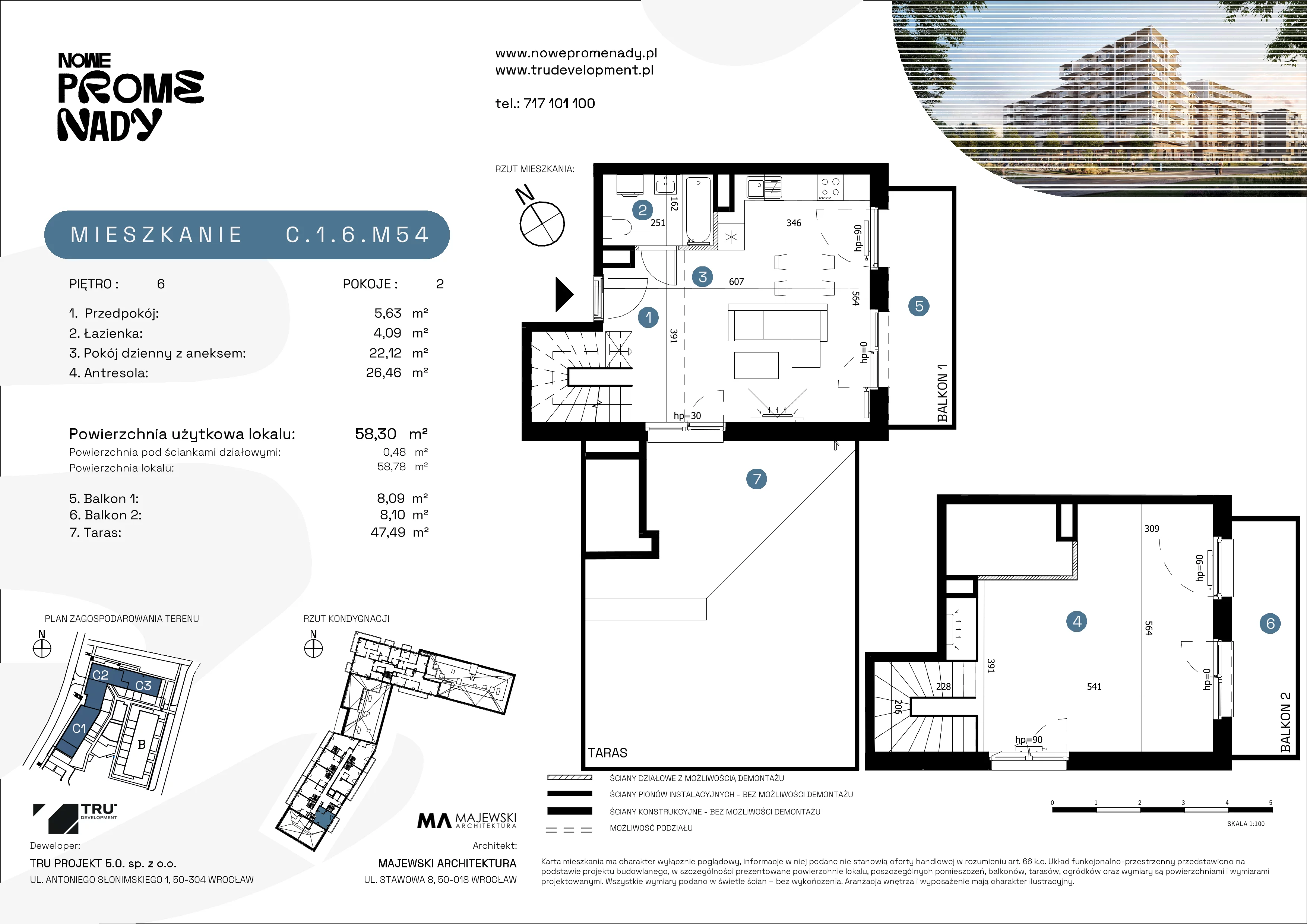 3 pokoje, apartament 58,30 m², piętro 6, oferta nr C.1.6.M54, Nowe Promenady 2, Wrocław, Kleczków, Psie Pole, ul. Czesława Miłosza/Jana Czochralskiego