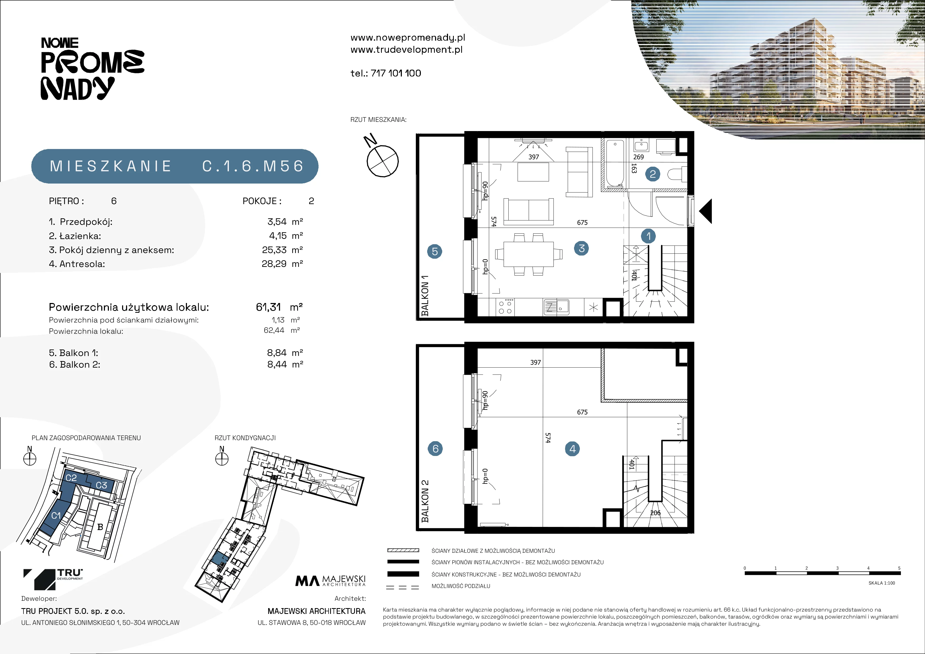 3 pokoje, apartament 61,31 m², piętro 6, oferta nr C.1.6.M56, Nowe Promenady 2, Wrocław, Kleczków, Psie Pole, ul. Czesława Miłosza/Jana Czochralskiego