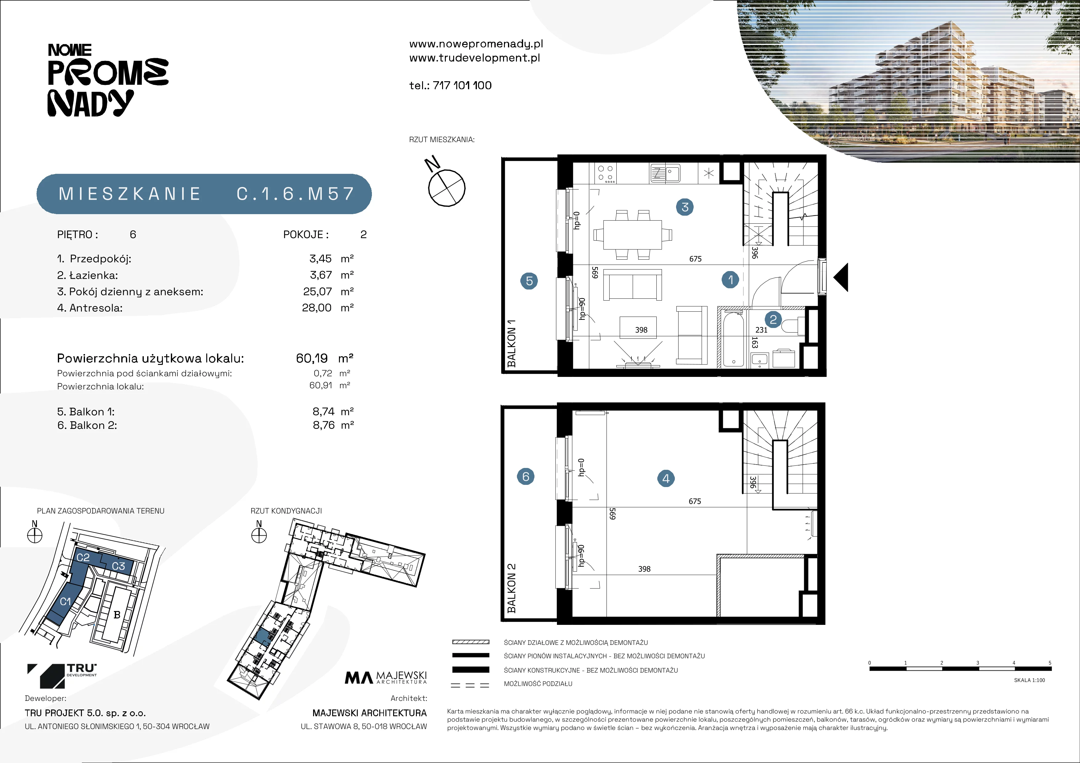 3 pokoje, mieszkanie 60,19 m², piętro 6, oferta nr C.1.6.M57, Nowe Promenady 2, Wrocław, Kleczków, Psie Pole, ul. Czesława Miłosza/Jana Czochralskiego