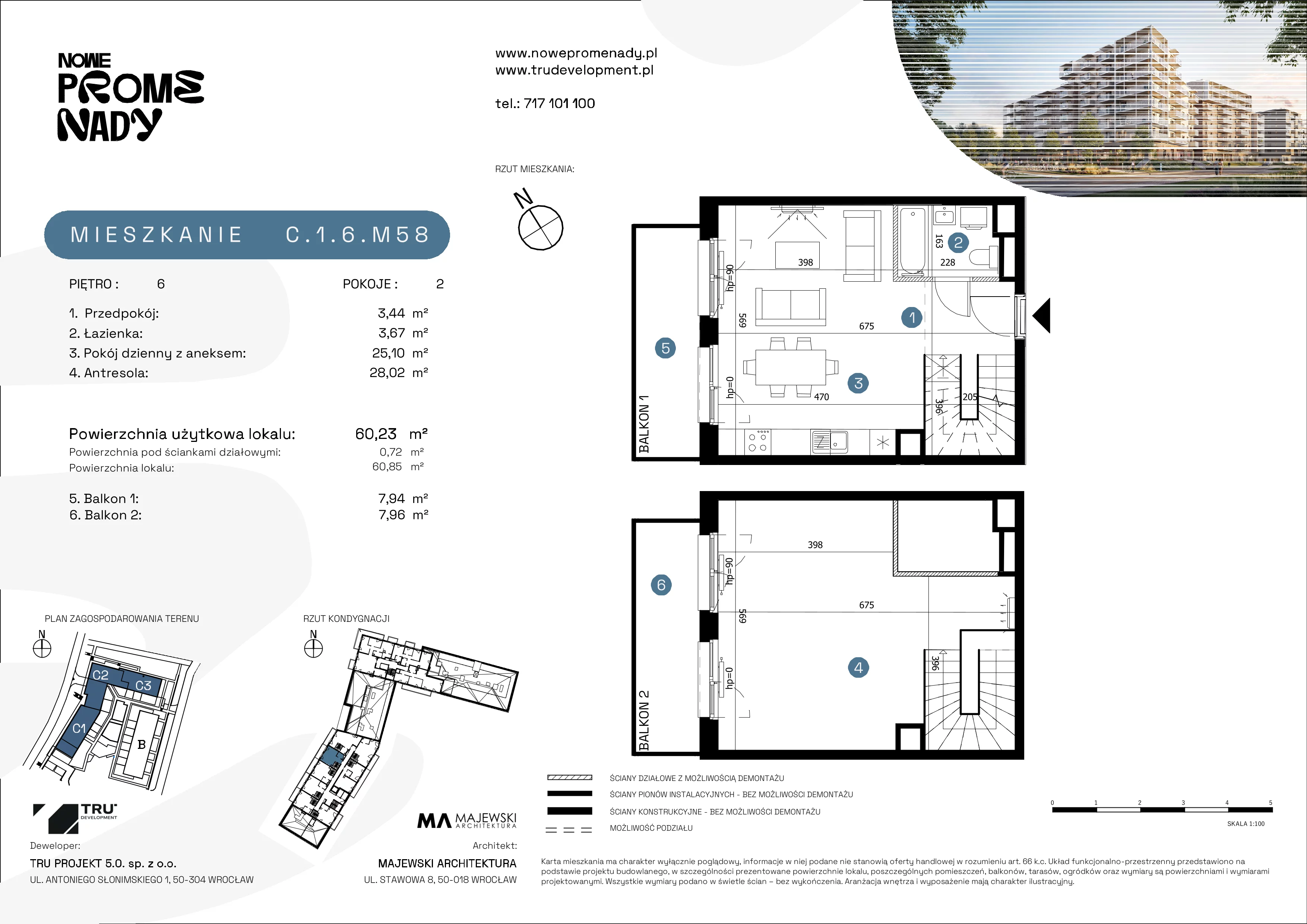 3 pokoje, mieszkanie 60,23 m², piętro 6, oferta nr C.1.6.M58, Nowe Promenady 2, Wrocław, Kleczków, Psie Pole, ul. Czesława Miłosza/Jana Czochralskiego