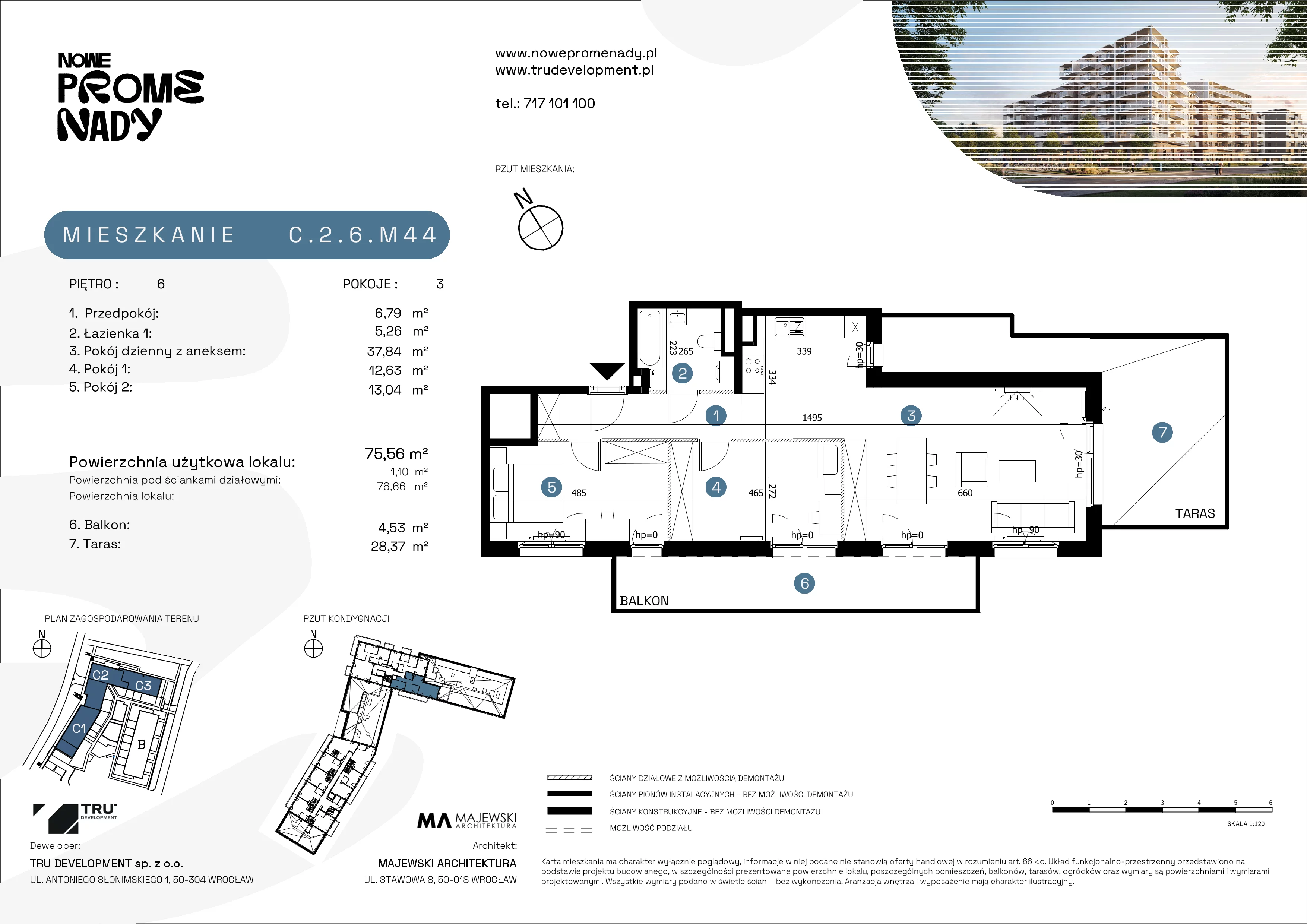 3 pokoje, apartament 75,56 m², piętro 6, oferta nr C.2.6.M44, Nowe Promenady 2, Wrocław, Kleczków, Psie Pole, ul. Czesława Miłosza/Jana Czochralskiego