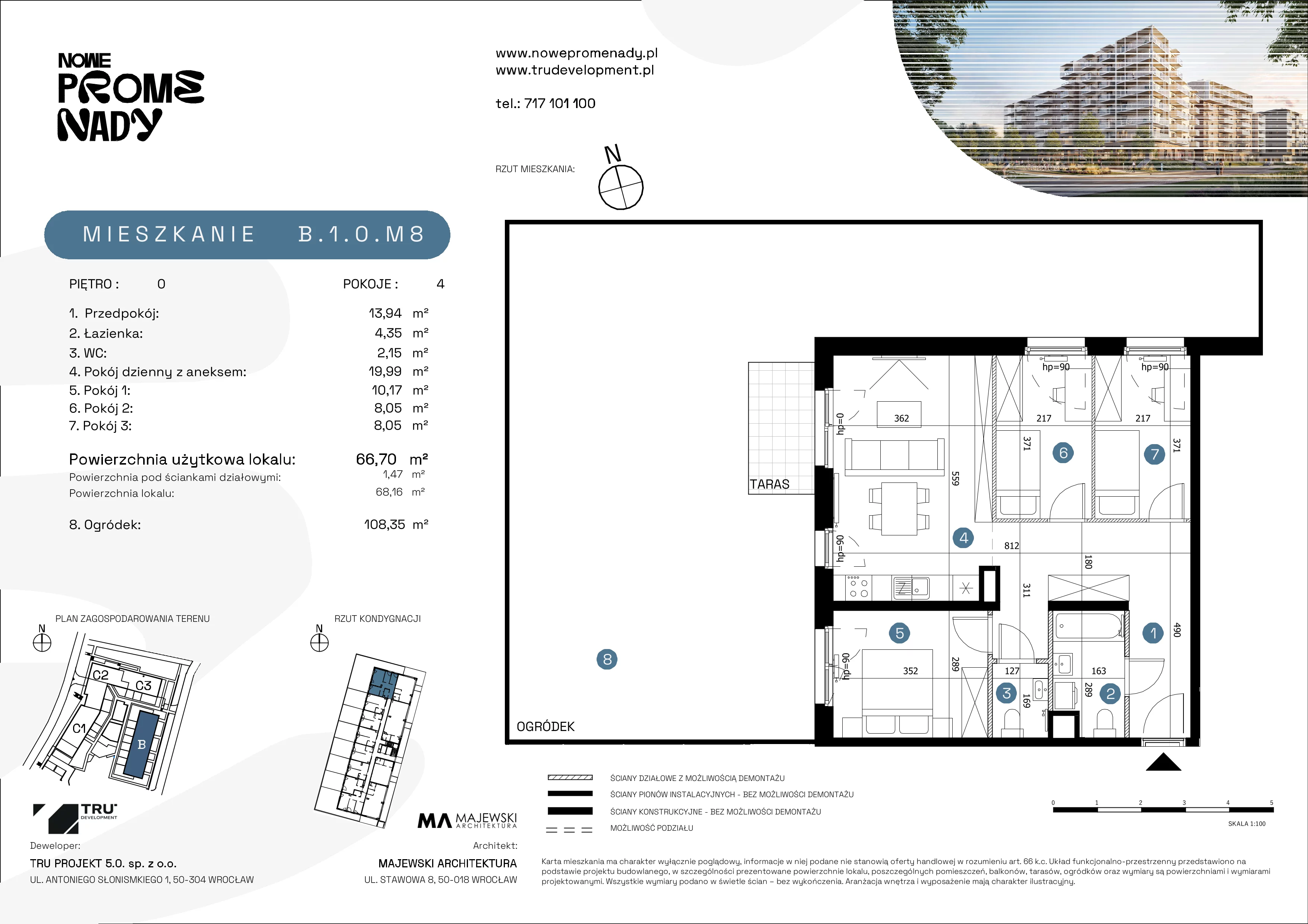 4 pokoje, apartament 66,70 m², parter, oferta nr B.1.0.M8, Nowe Promenady 2, Wrocław, Kleczków, Psie Pole, ul. Czesława Miłosza/Jana Czochralskiego
