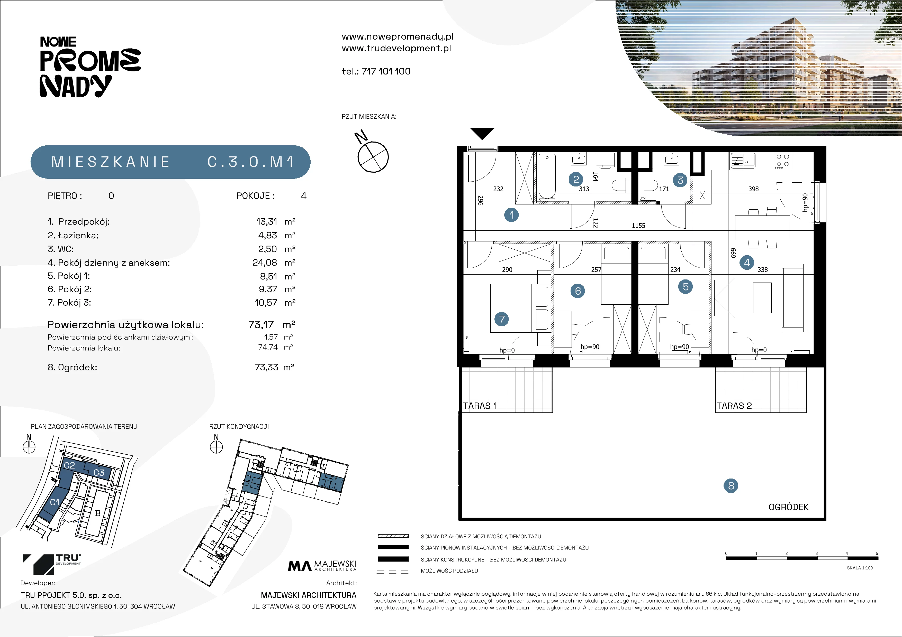 4 pokoje, mieszkanie 73,17 m², parter, oferta nr C.3.0.M1, Nowe Promenady 2, Wrocław, Kleczków, Psie Pole, ul. Czesława Miłosza/Jana Czochralskiego