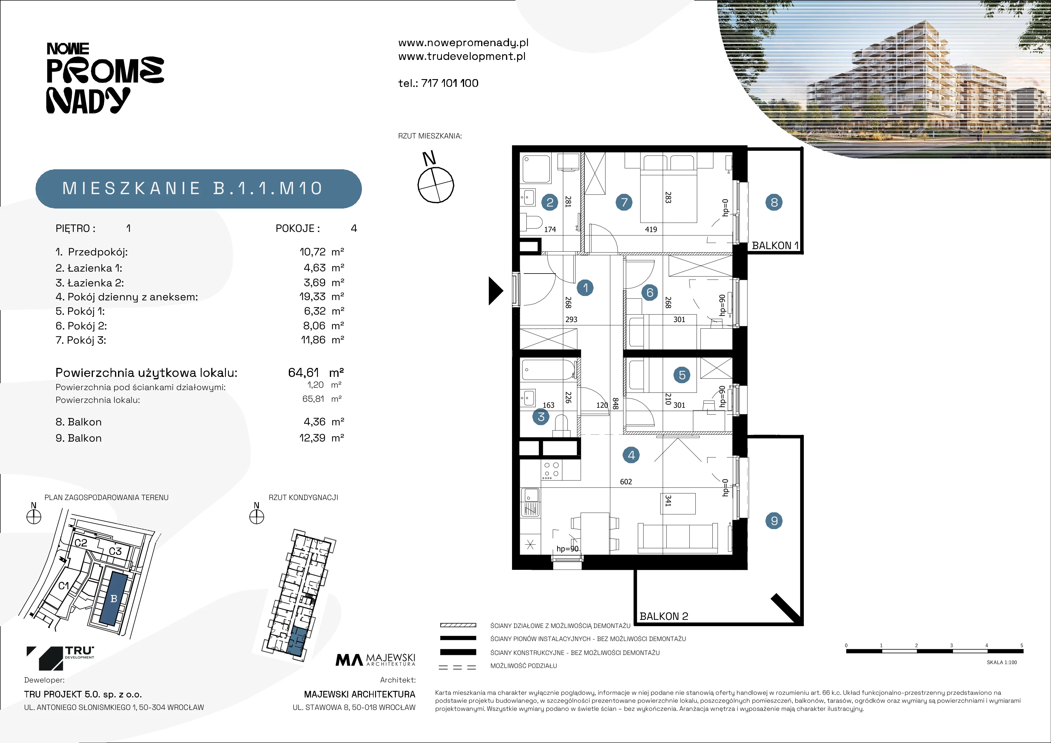4 pokoje, apartament 64,61 m², piętro 1, oferta nr B.1.1.M10, Nowe Promenady 2, Wrocław, Kleczków, Psie Pole, ul. Czesława Miłosza/Jana Czochralskiego