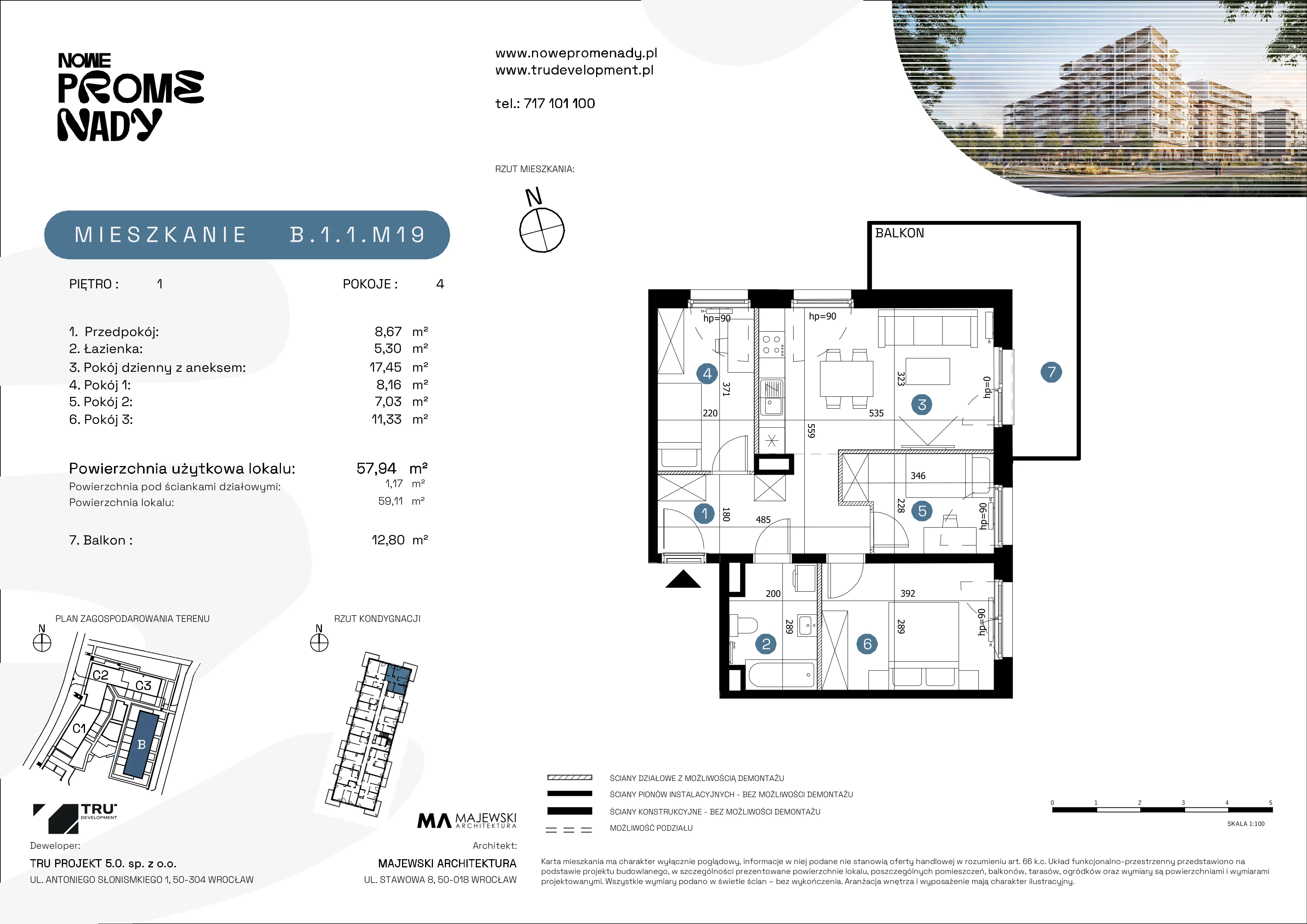 4 pokoje, apartament 57,94 m², piętro 1, oferta nr B.1.1.M19, Nowe Promenady 2, Wrocław, Kleczków, Psie Pole, ul. Czesława Miłosza/Jana Czochralskiego