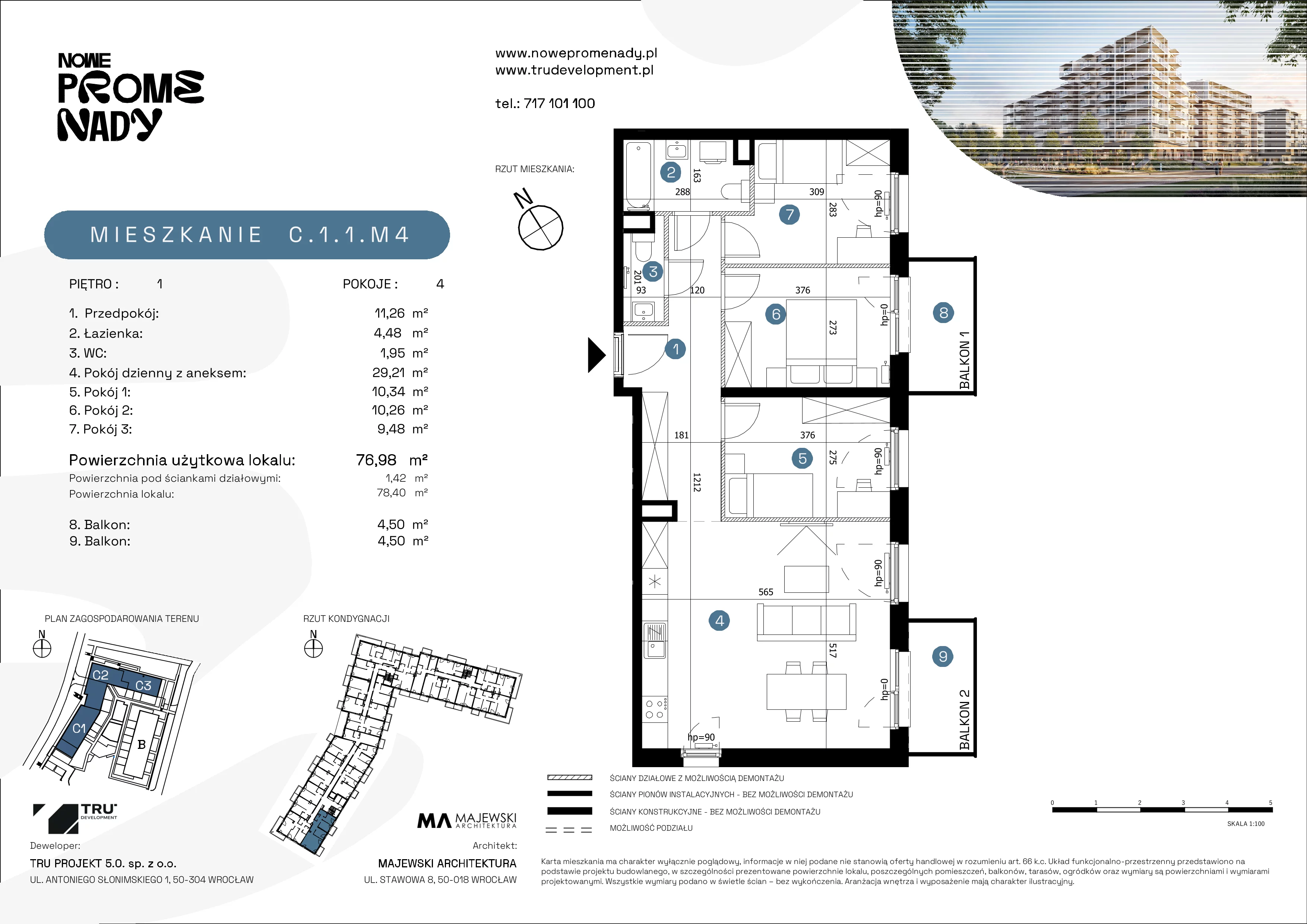 4 pokoje, mieszkanie 76,98 m², piętro 1, oferta nr C.1.1.M4, Nowe Promenady 2, Wrocław, Kleczków, Psie Pole, ul. Czesława Miłosza/Jana Czochralskiego