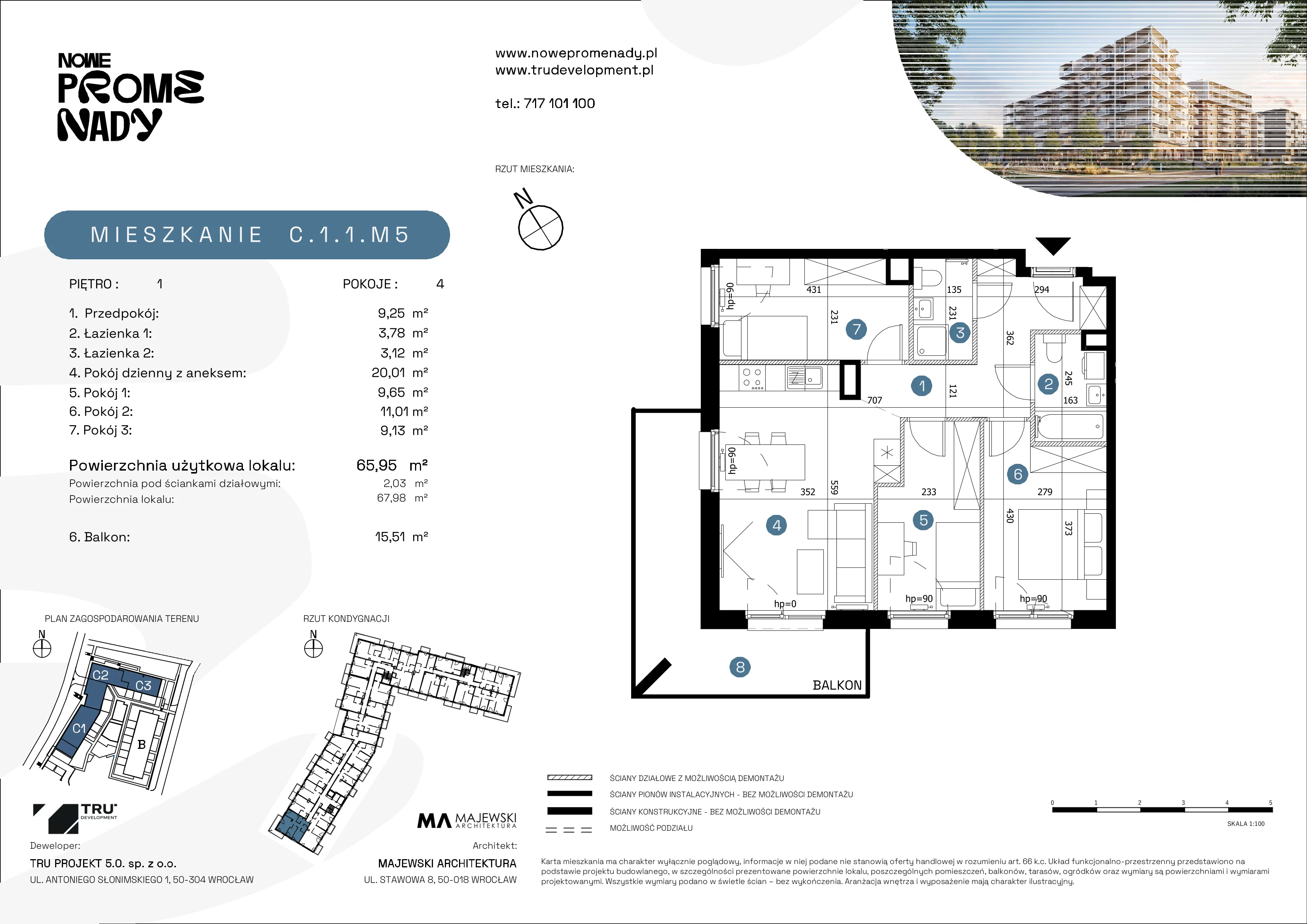 4 pokoje, mieszkanie 65,95 m², piętro 1, oferta nr C.1.1.M5, Nowe Promenady 2, Wrocław, Kleczków, Psie Pole, ul. Czesława Miłosza/Jana Czochralskiego