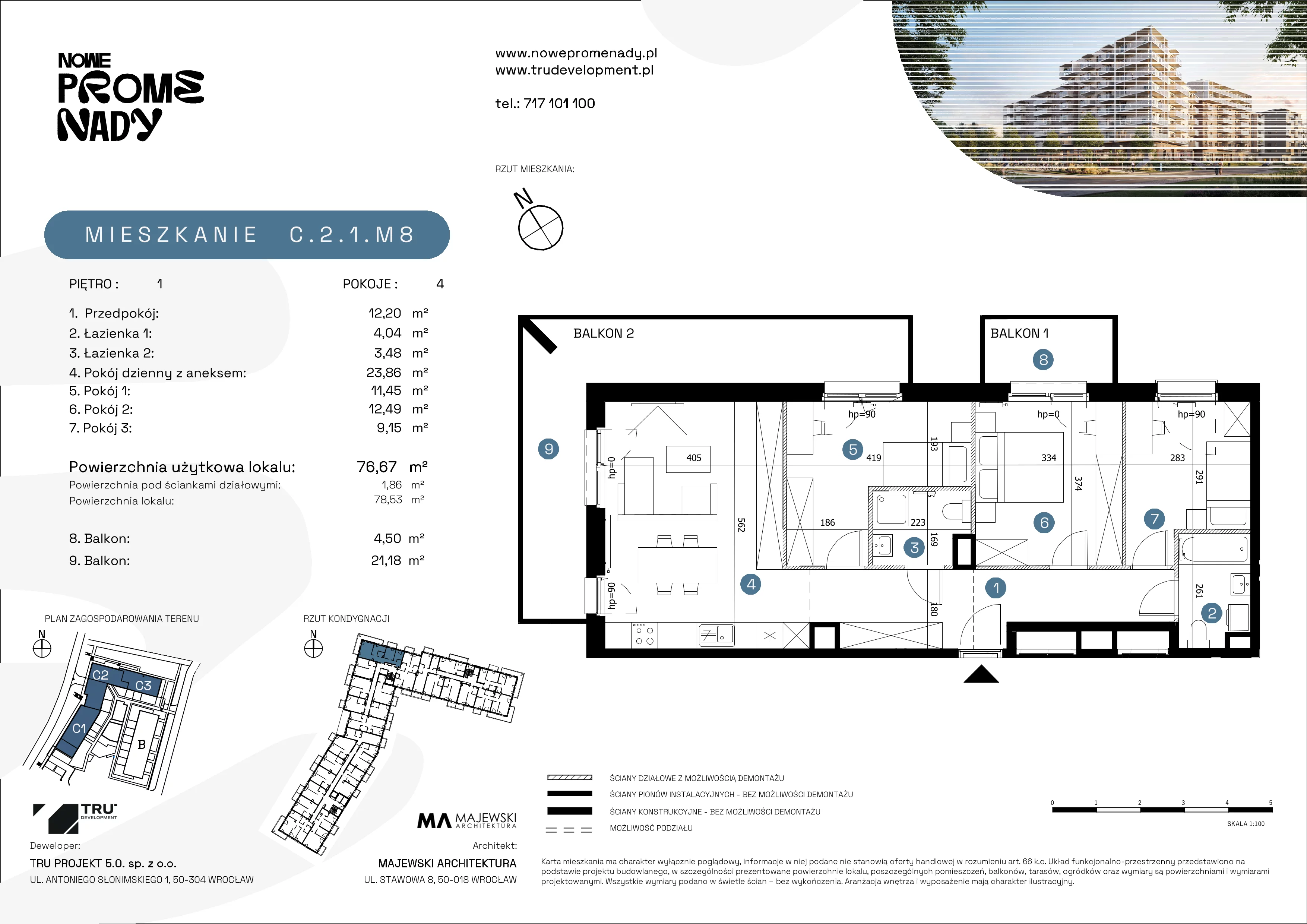 4 pokoje, mieszkanie 76,67 m², piętro 1, oferta nr C.2.1.M8, Nowe Promenady 2, Wrocław, Kleczków, Psie Pole, ul. Czesława Miłosza/Jana Czochralskiego