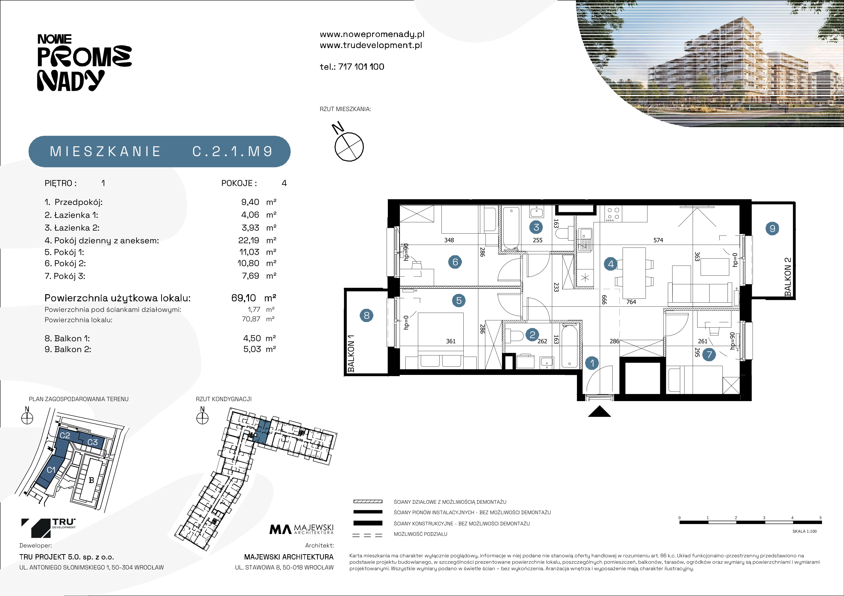 4 pokoje, mieszkanie 69,10 m², piętro 1, oferta nr C.2.1.M9, Nowe Promenady 2, Wrocław, Kleczków, Psie Pole, ul. Czesława Miłosza/Jana Czochralskiego