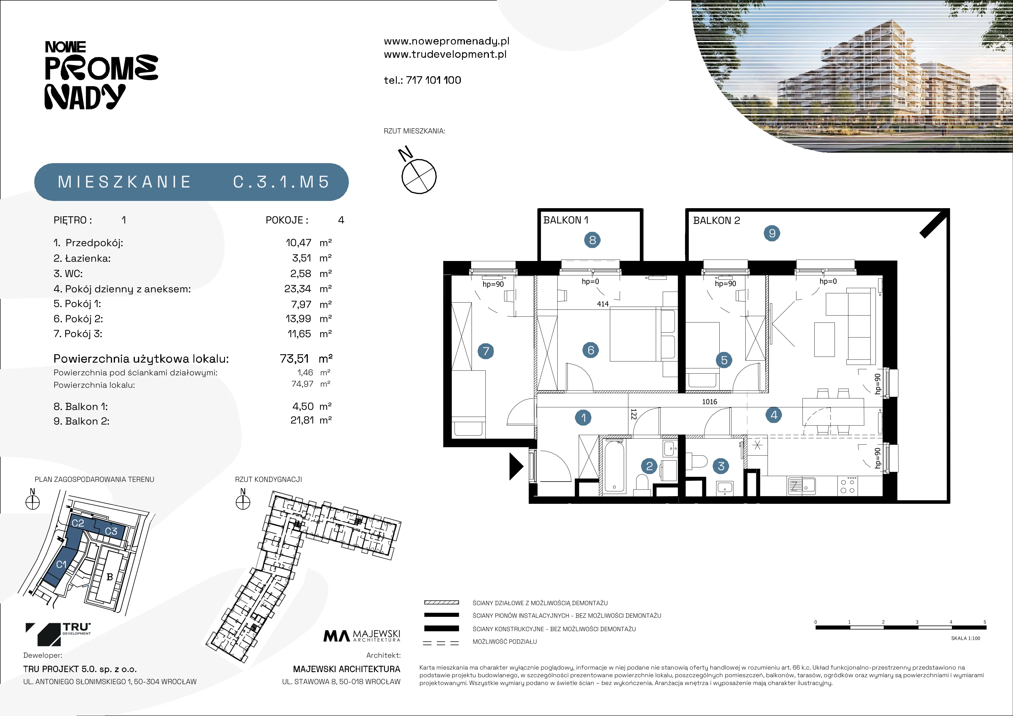 4 pokoje, mieszkanie 73,51 m², piętro 1, oferta nr C.3.1.M5, Nowe Promenady 2, Wrocław, Kleczków, Psie Pole, ul. Czesława Miłosza/Jana Czochralskiego