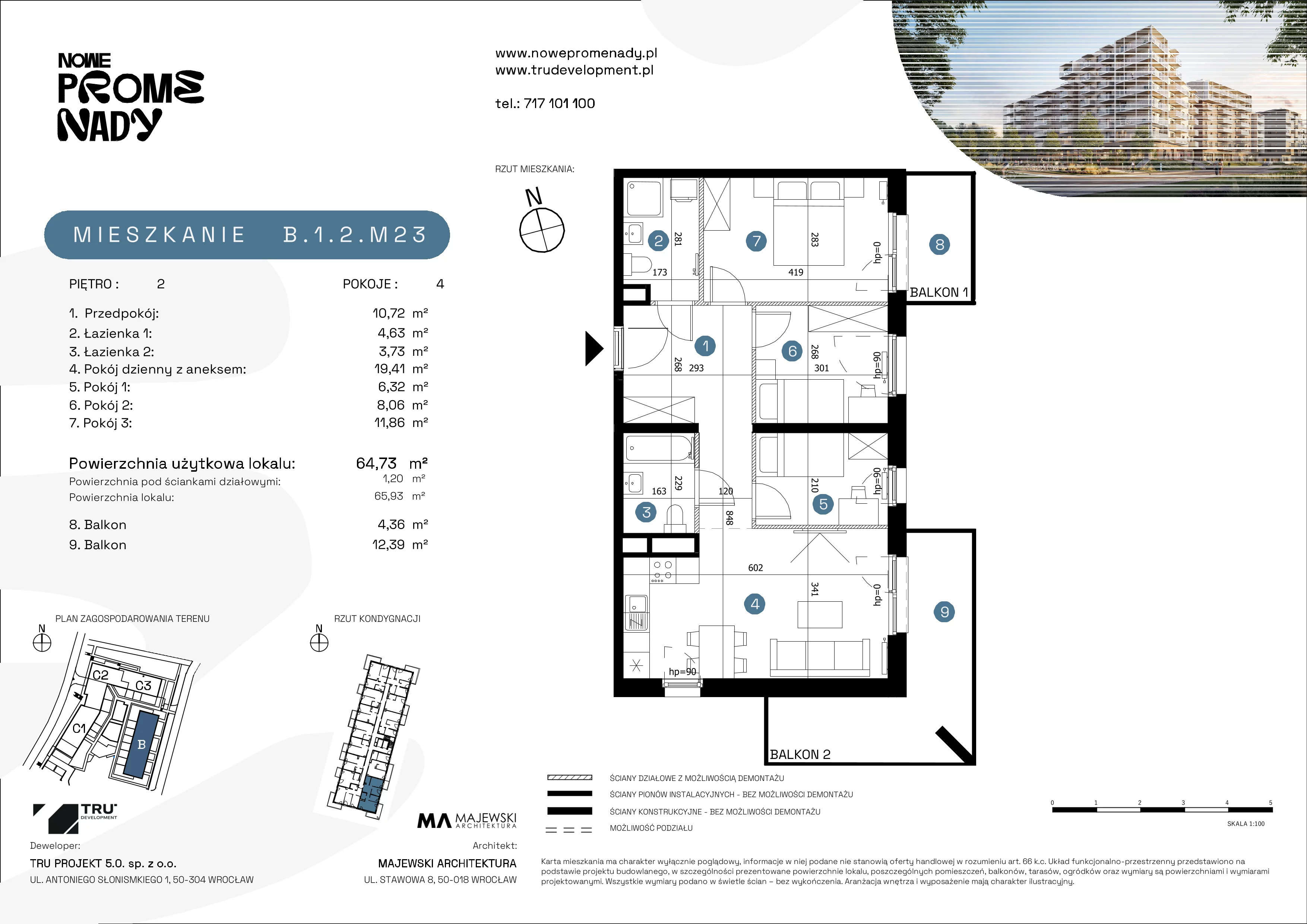 4 pokoje, mieszkanie 64,73 m², piętro 2, oferta nr B.1.2.M23, Nowe Promenady 2, Wrocław, Kleczków, Psie Pole, ul. Czesława Miłosza/Jana Czochralskiego