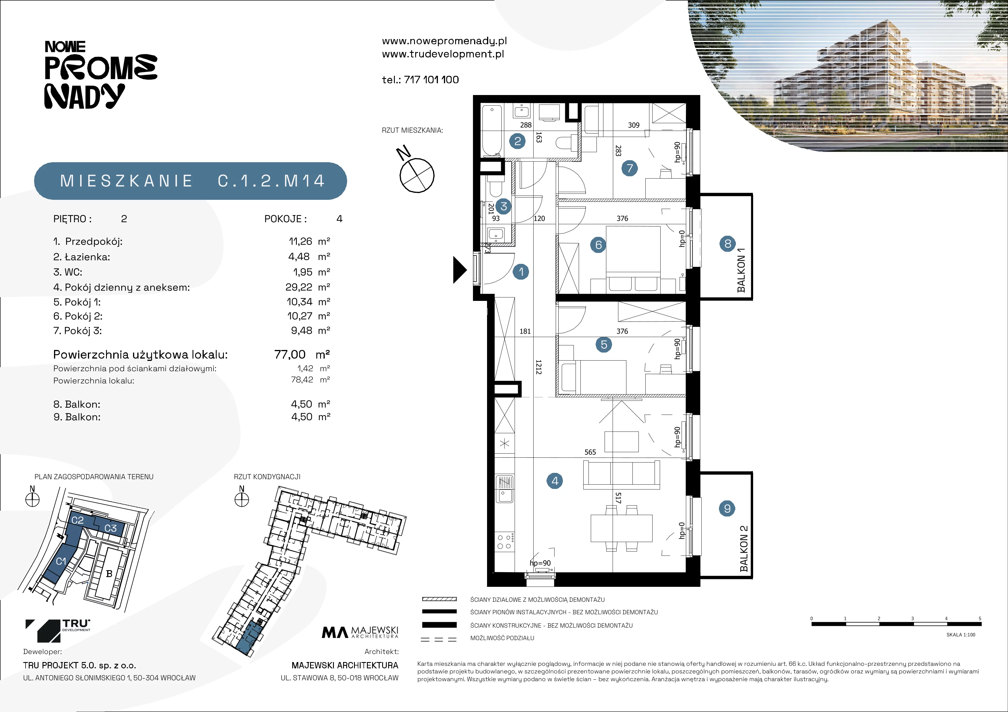 4 pokoje, mieszkanie 77,00 m², piętro 2, oferta nr C.1.2.M14, Nowe Promenady 2, Wrocław, Kleczków, Psie Pole, ul. Czesława Miłosza/Jana Czochralskiego