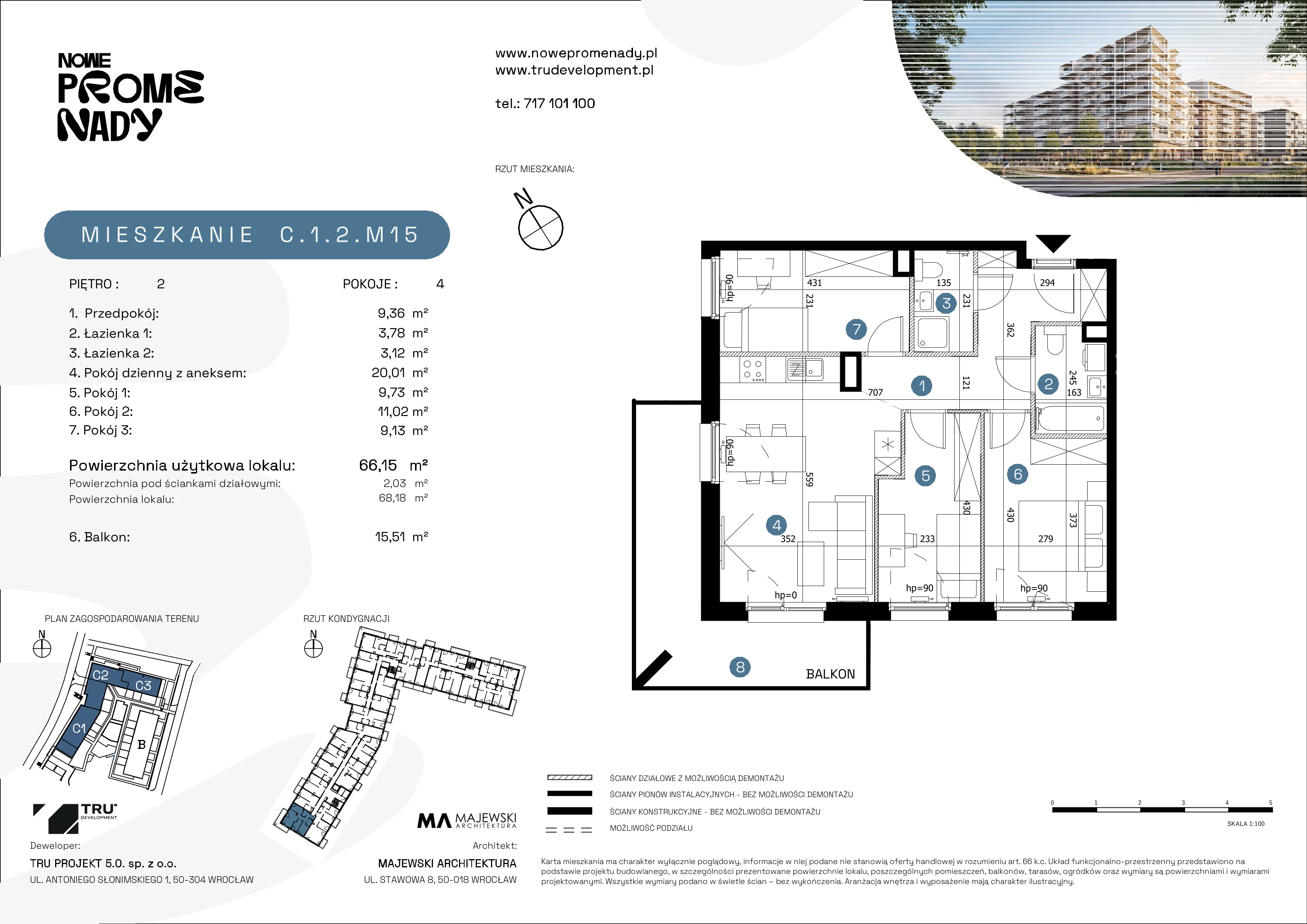 4 pokoje, mieszkanie 66,15 m², piętro 2, oferta nr C.1.2.M15, Nowe Promenady 2, Wrocław, Kleczków, Psie Pole, ul. Czesława Miłosza/Jana Czochralskiego