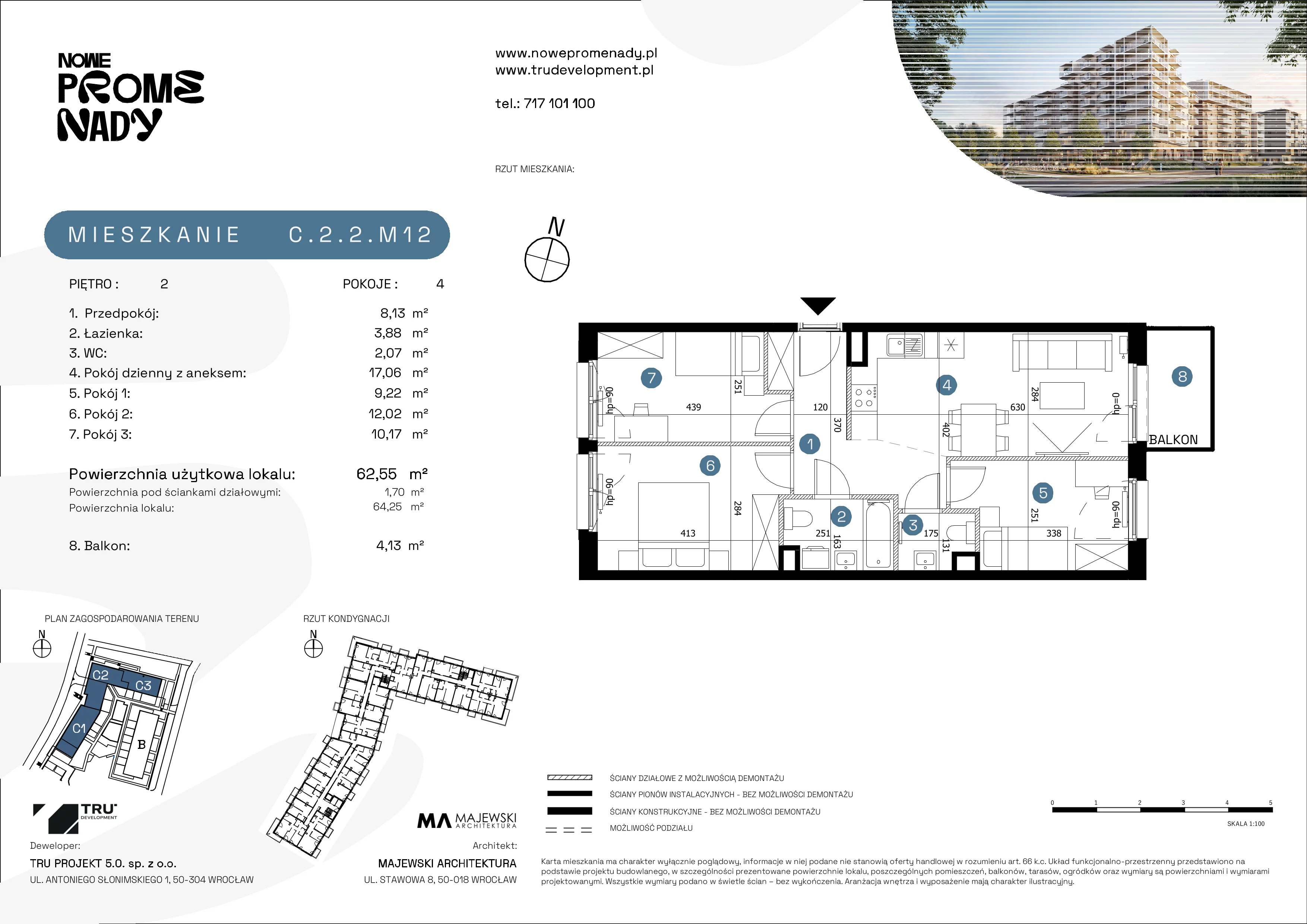 4 pokoje, mieszkanie 62,55 m², piętro 2, oferta nr C.2.2.M12, Nowe Promenady 2, Wrocław, Kleczków, Psie Pole, ul. Czesława Miłosza/Jana Czochralskiego