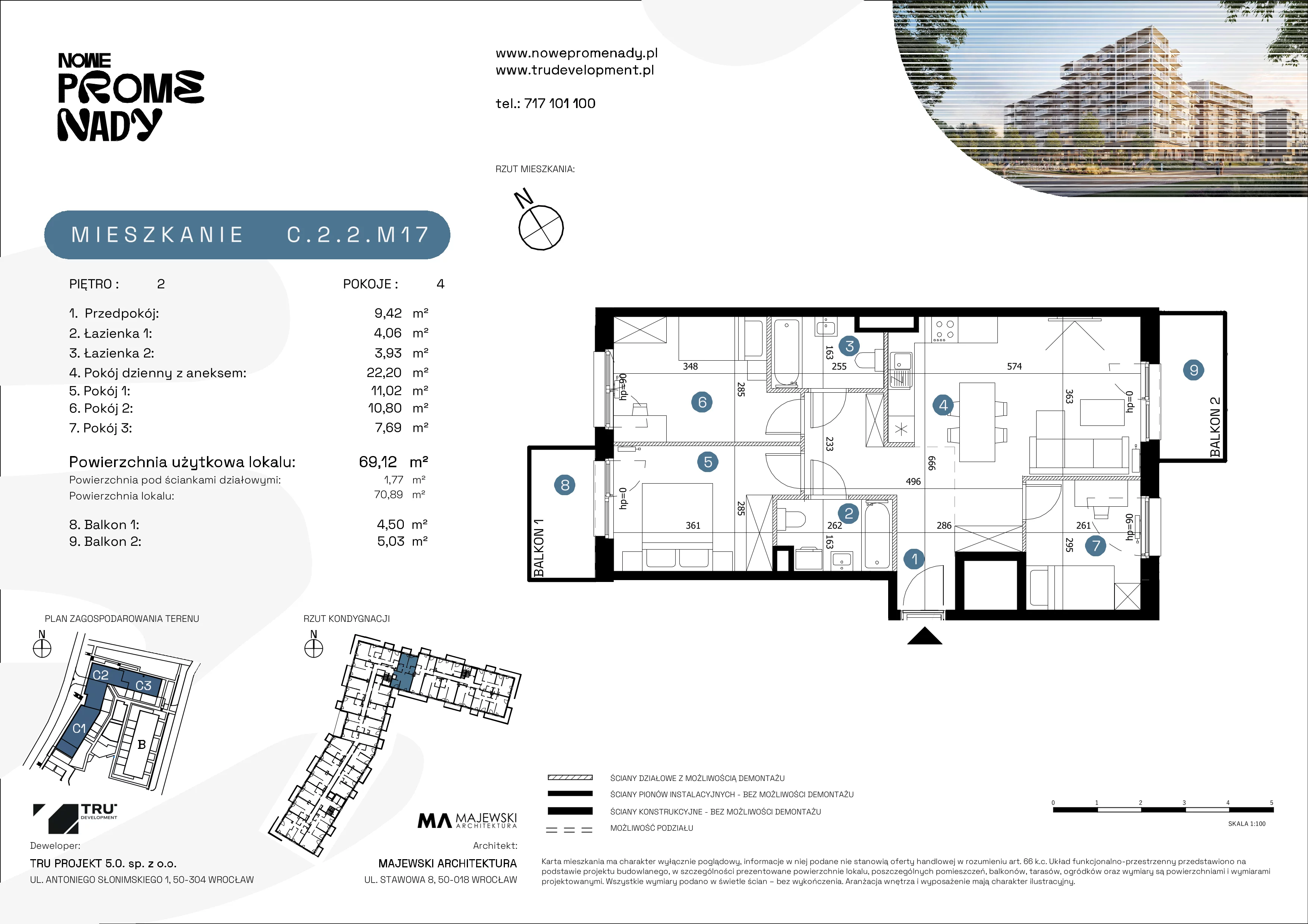4 pokoje, mieszkanie 69,12 m², piętro 2, oferta nr C.2.2.M17, Nowe Promenady 2, Wrocław, Kleczków, Psie Pole, ul. Czesława Miłosza/Jana Czochralskiego