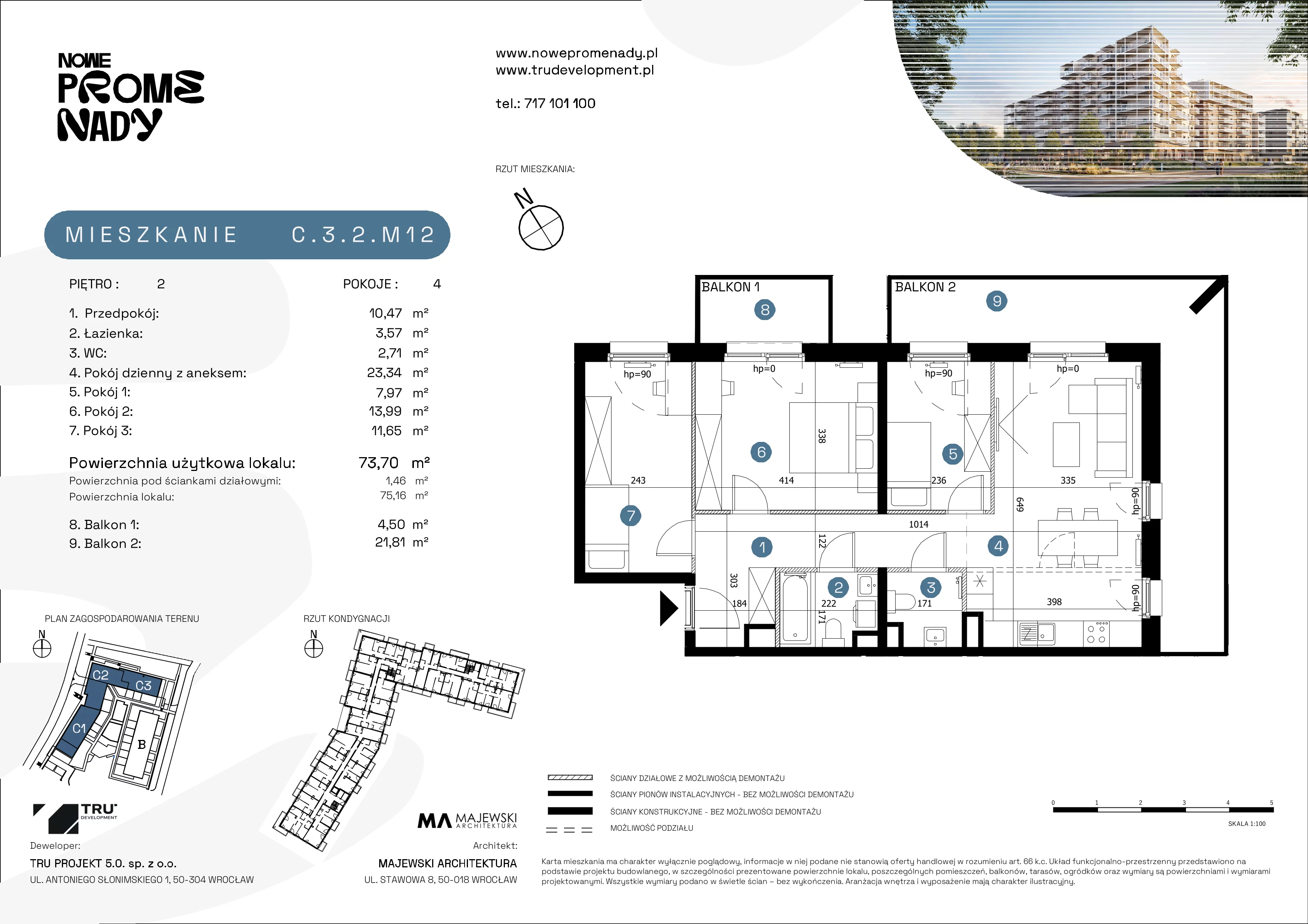 4 pokoje, mieszkanie 73,70 m², piętro 2, oferta nr C.3.2.M12, Nowe Promenady 2, Wrocław, Kleczków, Psie Pole, ul. Czesława Miłosza/Jana Czochralskiego